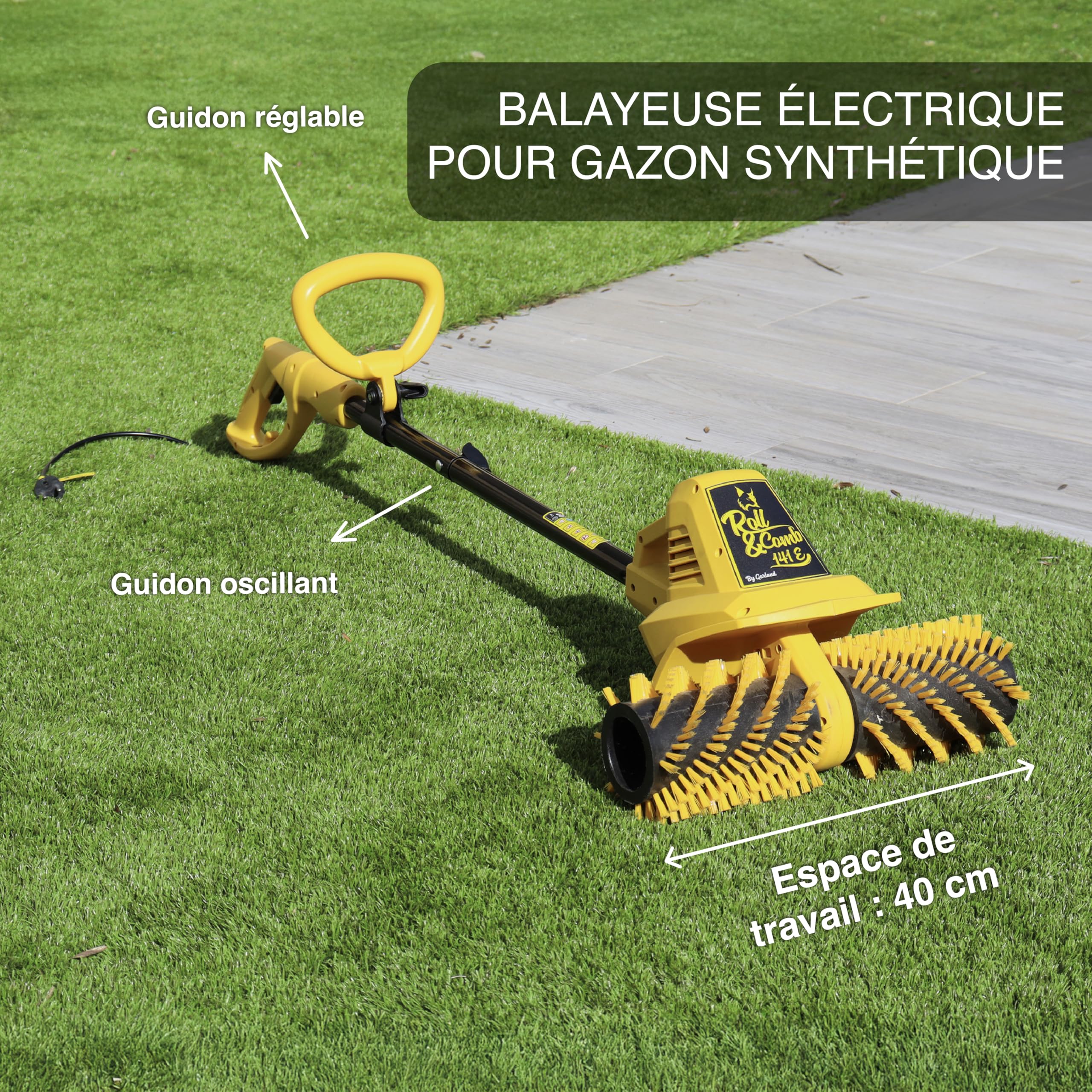 Garland - Balai pour Gazon Artificiel Roll&Comb 141E-V19 | Puissance 300 W | Branchement Électrique | Largeur de Travail du Rouleau 40 cm | Guidon Réglable
