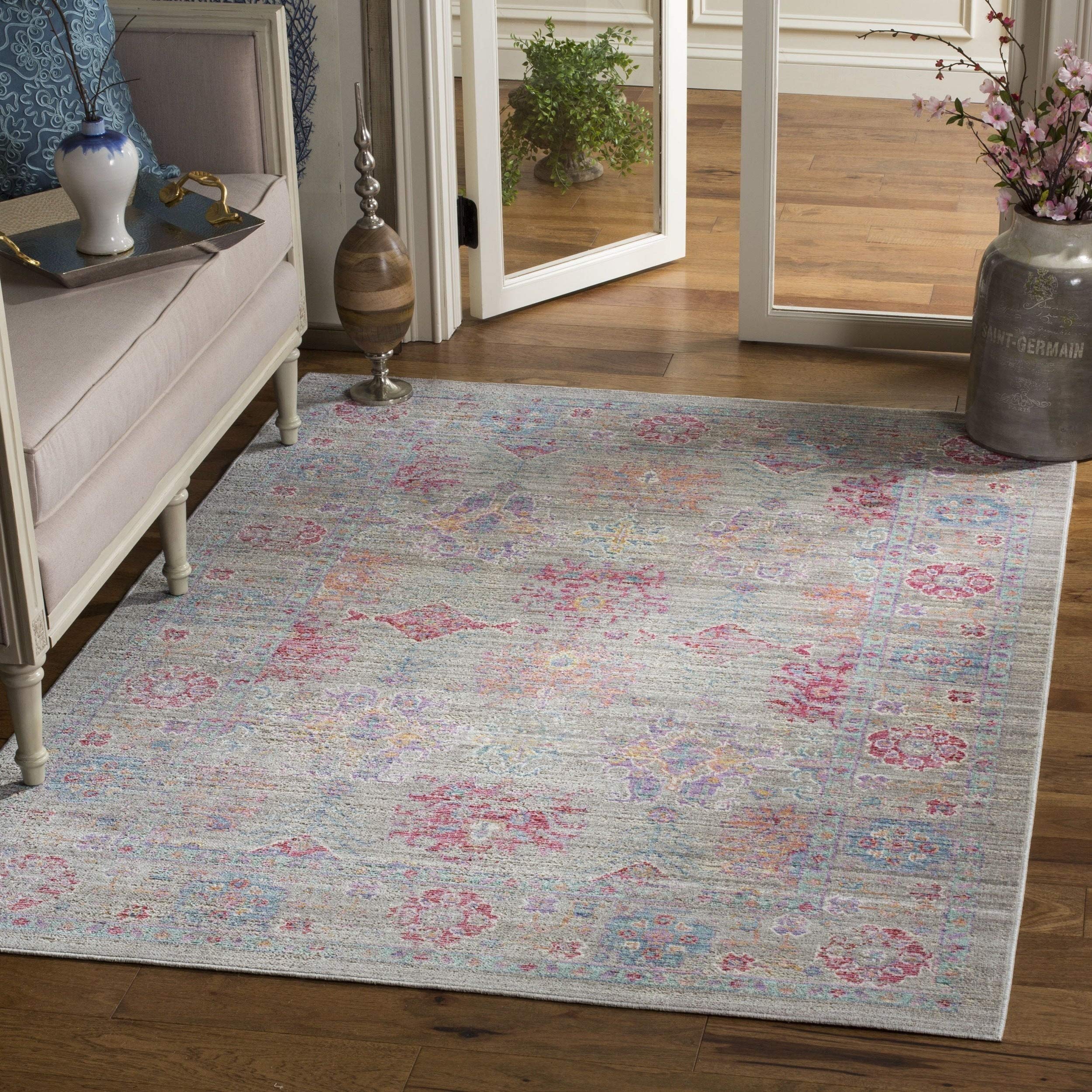 Tapis Boho Facile à Nettoyer Gris et Fuchsia pour Salon et Chambre
