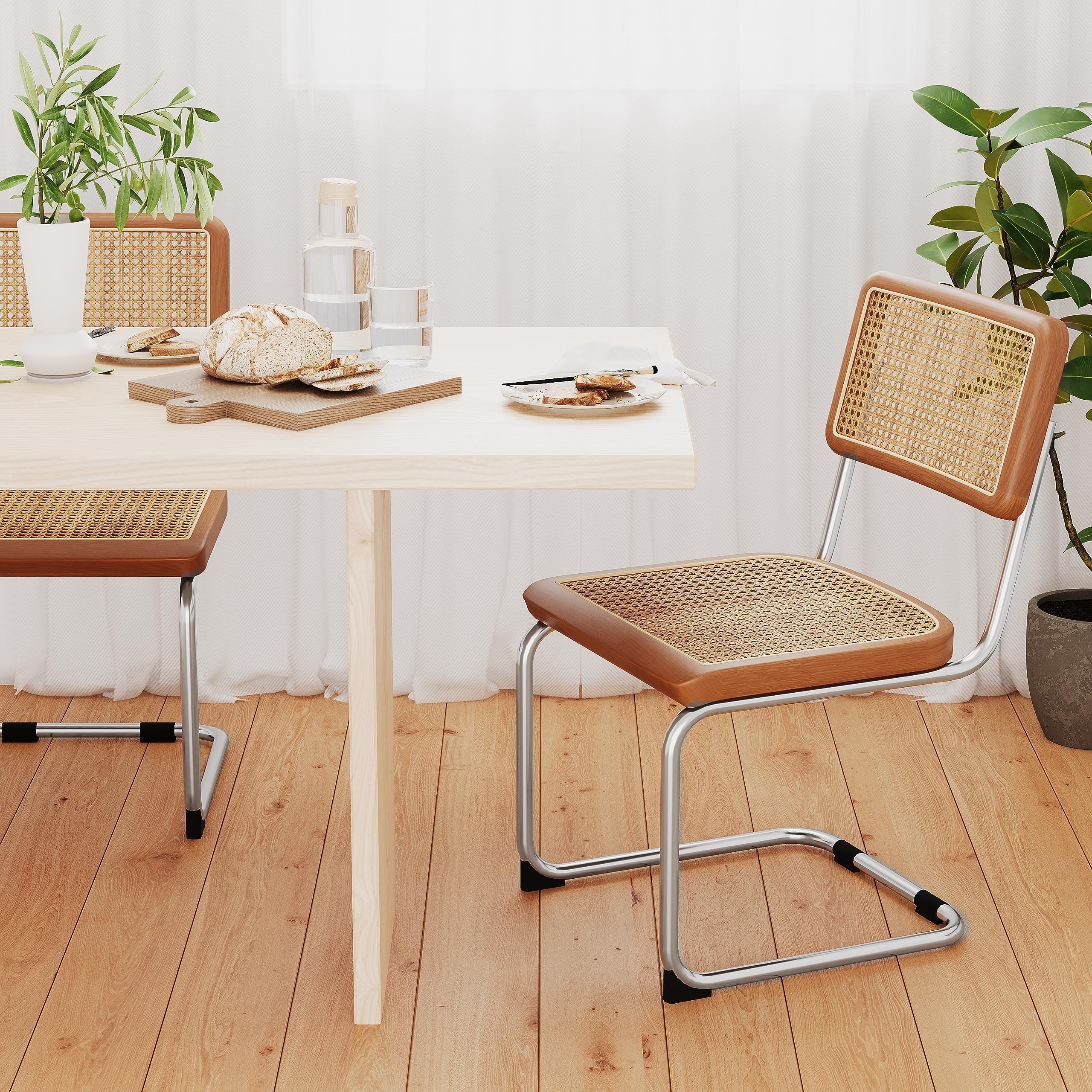 Arlunar home Rattan Dining Chairs Set of 2 Mid Century Modern Dining Room Chairs with Natural Rattan Woven Backrest with Metal Legs, Brown