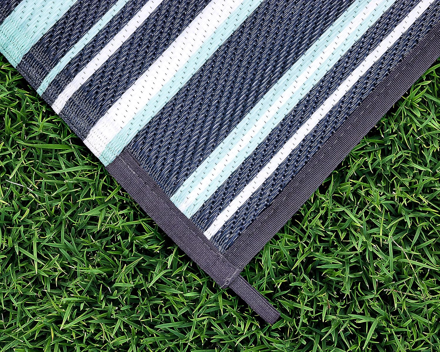 Camco Large Reversible Outdoor Patio Mat, Easy to Clean, Perfect for Picnics, Cookouts, Camping, and The Beach (9' x 12', Green and White Striped Design) (42864)