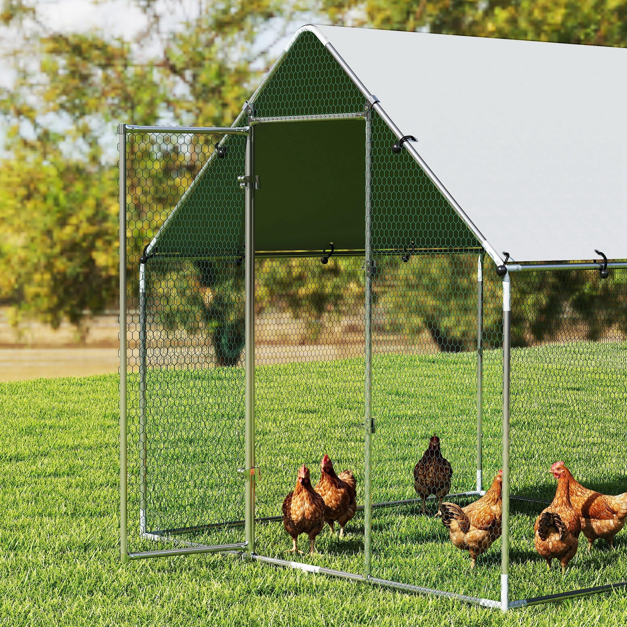 PawHut Pollaio per Galline da Esterno, 2x2x2m 4 m² Recinto Galline in Acciaio Zincato con Tetto Impermeabile Anti-UV e Serratura, Gabbia per 4-6 Polli, Piccoli Animali, Conigli e Anatre