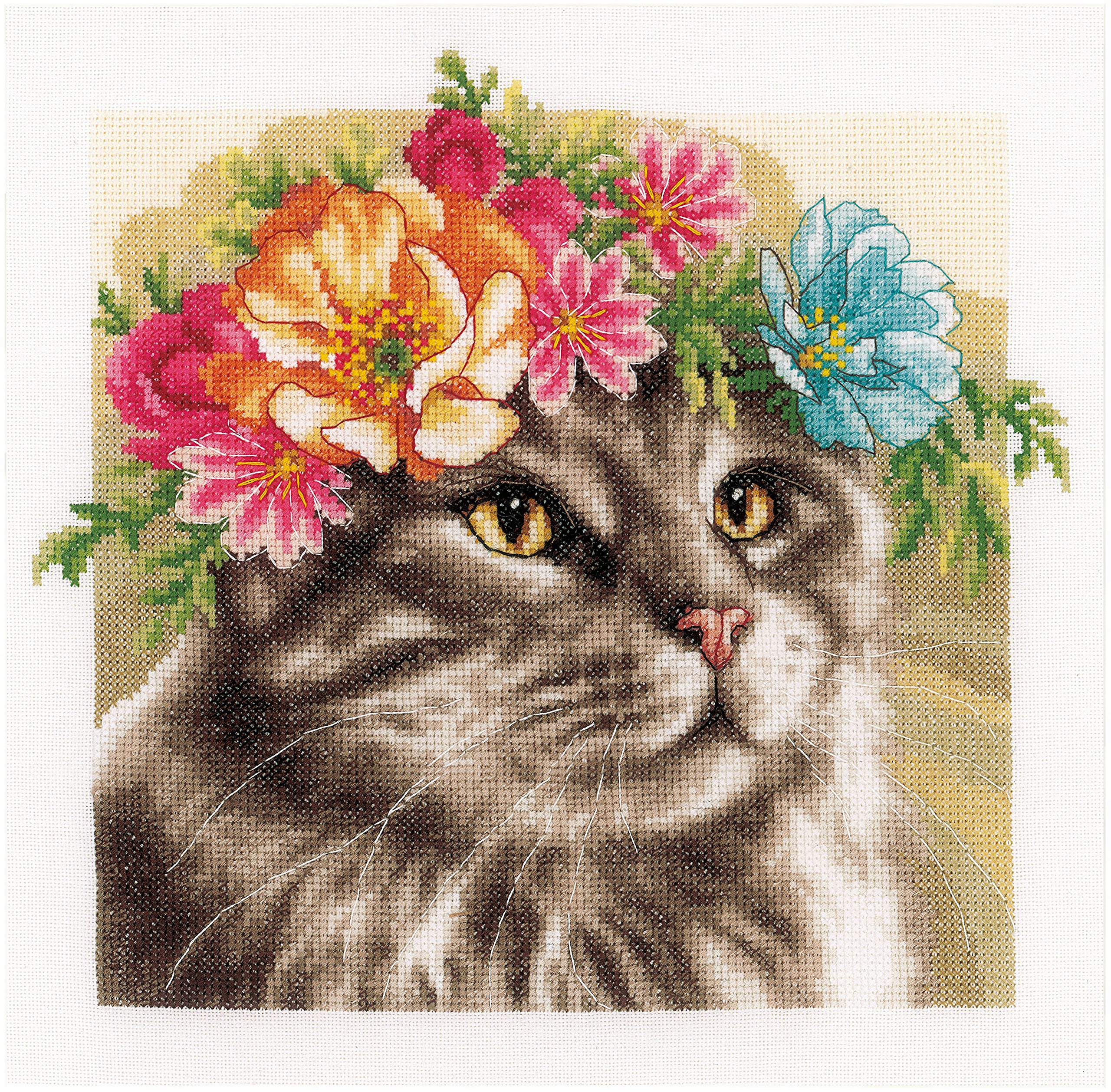 Lanarte counted cross stitch kit ""Flower crown Maine coon Evenweave"", 29x29cm, D