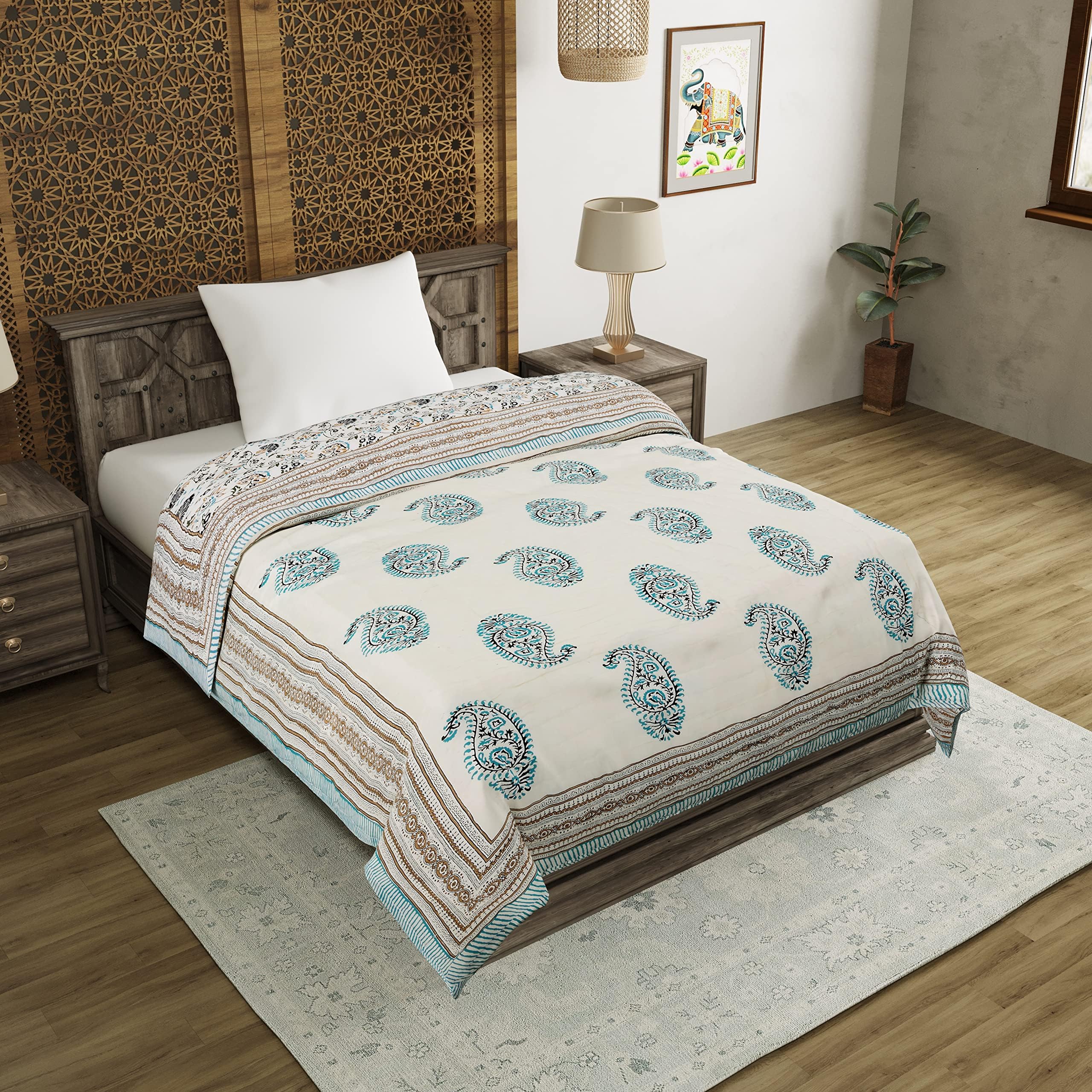 BLOCKS OF INDIA Cotton Single Size Quilt Hand Block Print for Light Winters (60X90 Inches) (Grey Jaal), Lightweight, 300 TC