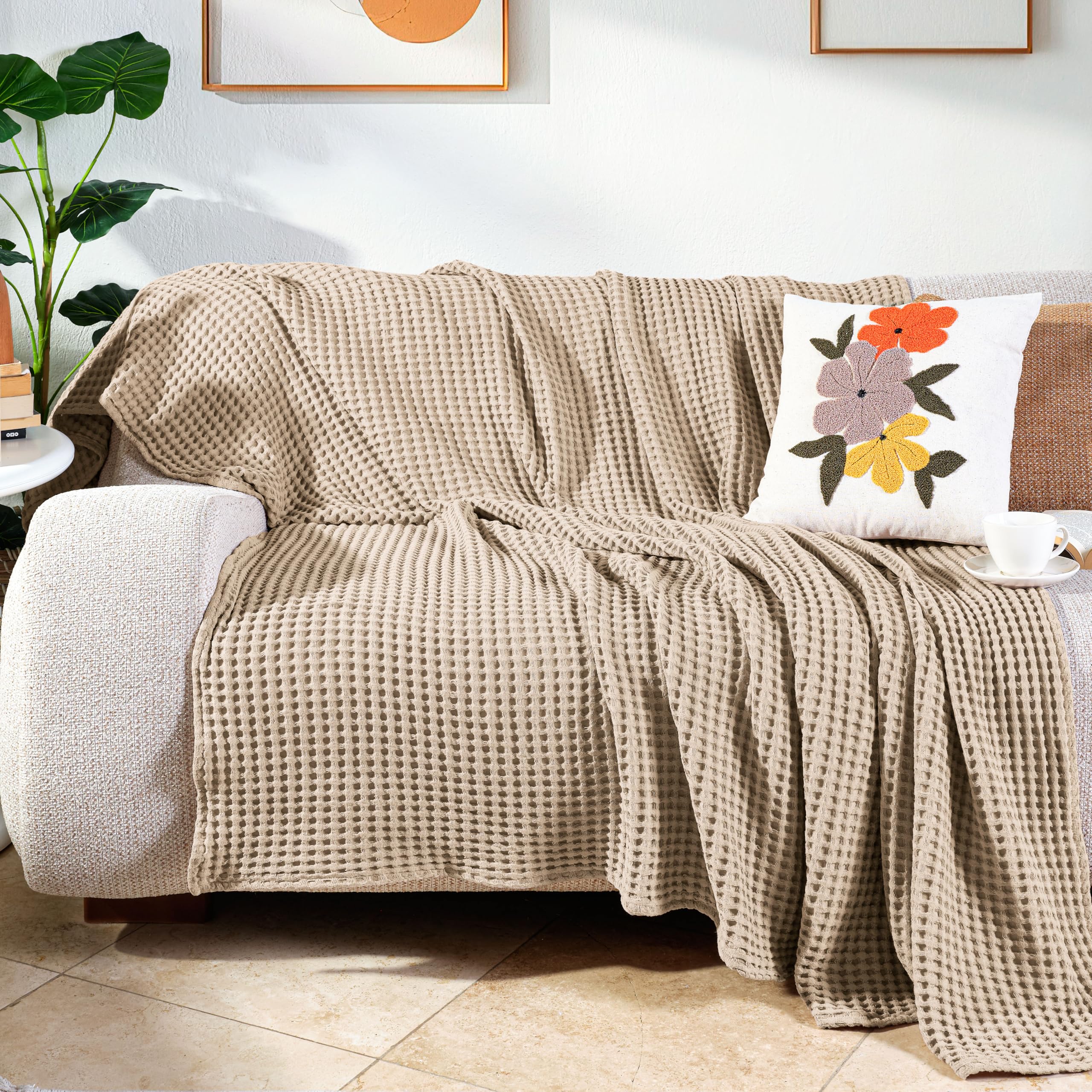 Milam London Colcha Waffle Cama Doble, Sofá | 180x240cm Beige, Colcha Waffle 100% Algodón Cama Doble, Sofá & Decoración