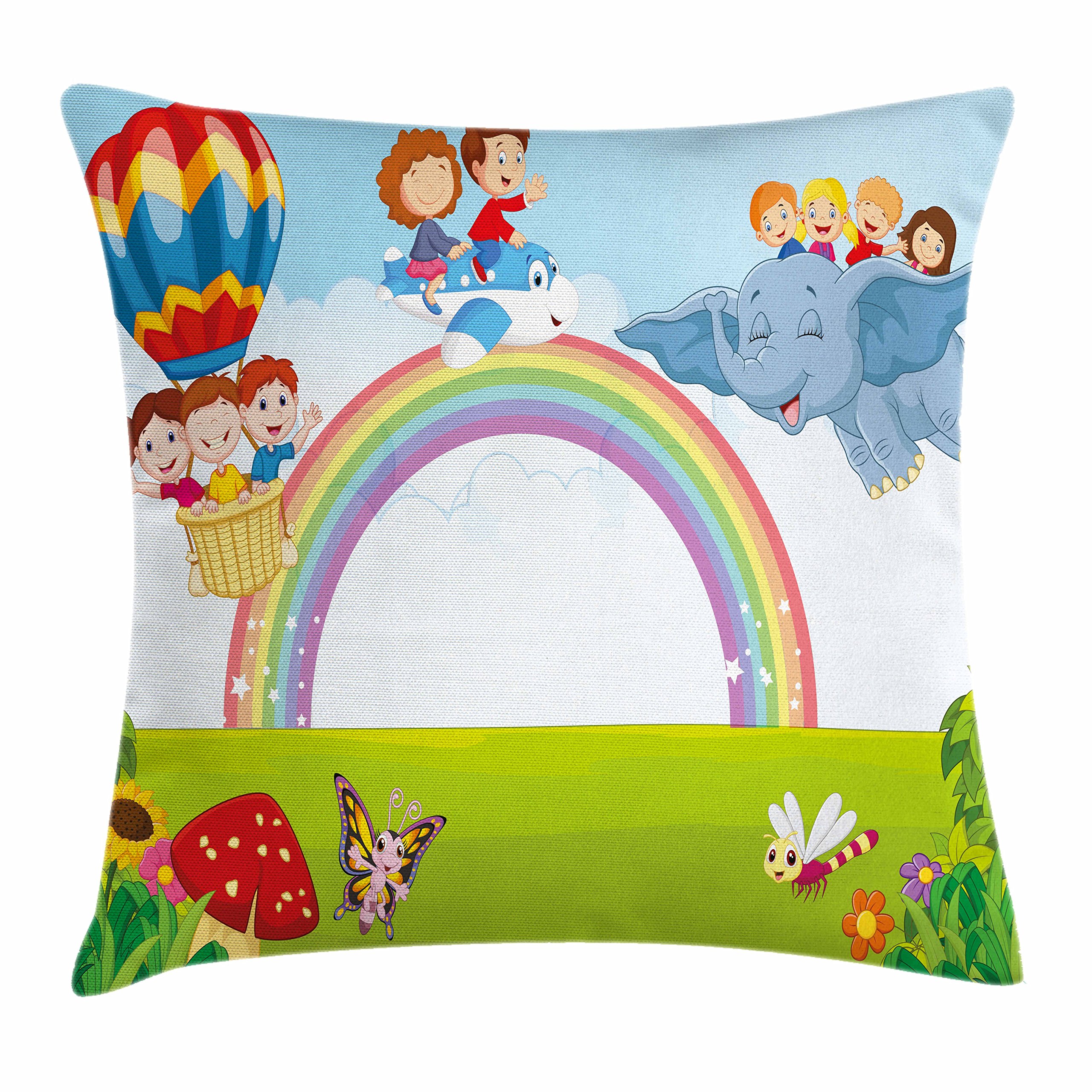 Lunarable Rainbow Throw Pillow Cushion Cover, Cartoon Flying on Baloon Plane and with Green Field and a Rainbow, Decorative Square Accent Pillow Case, 28