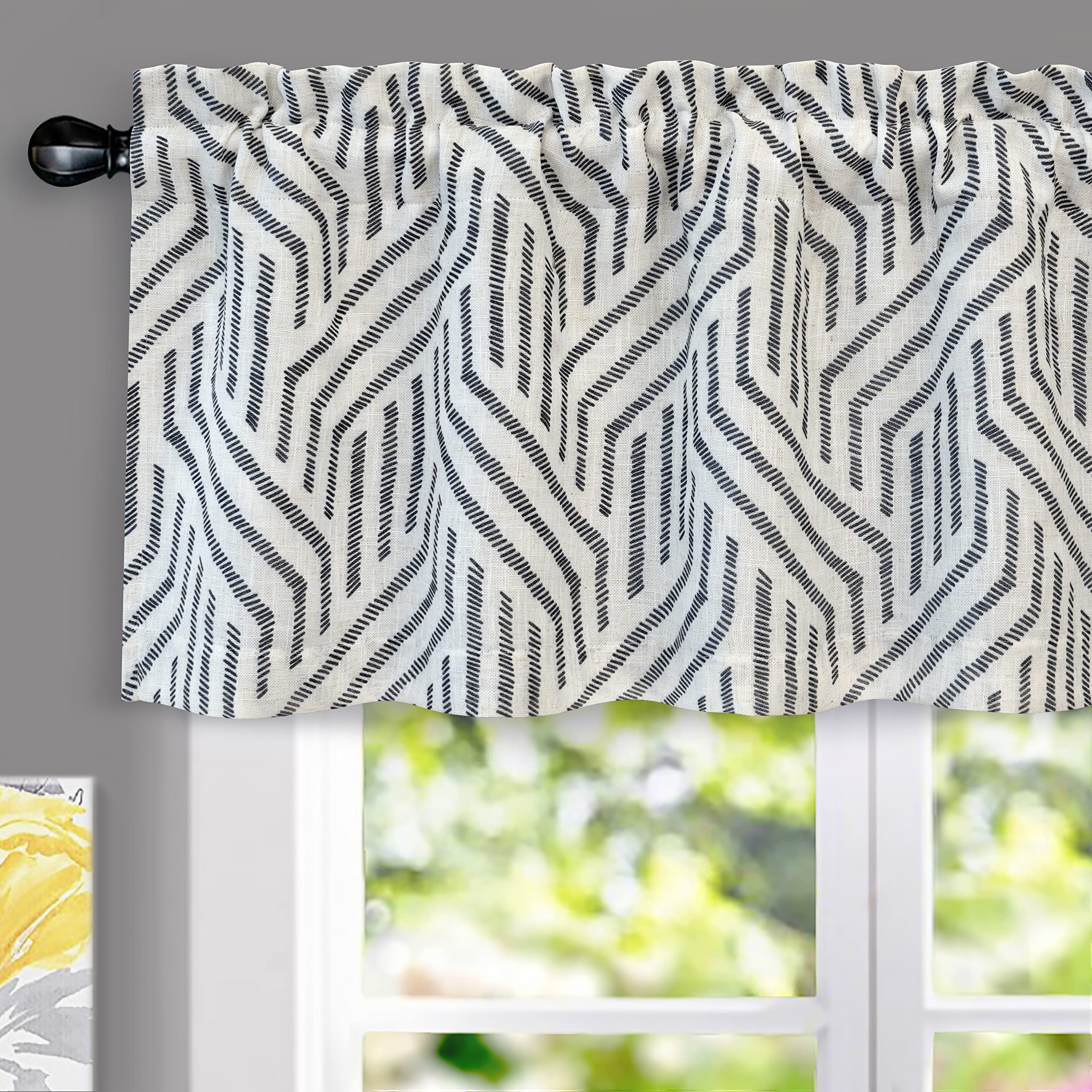 DriftAwayFarmhouse Linen Lined Valance Double Layer Thermal Insulated Room Darkening Blackout Window Valances 3 Inch Rod Pocket Striped Kitchen Valance Single 52 Inch by 18 Inch Briony Black