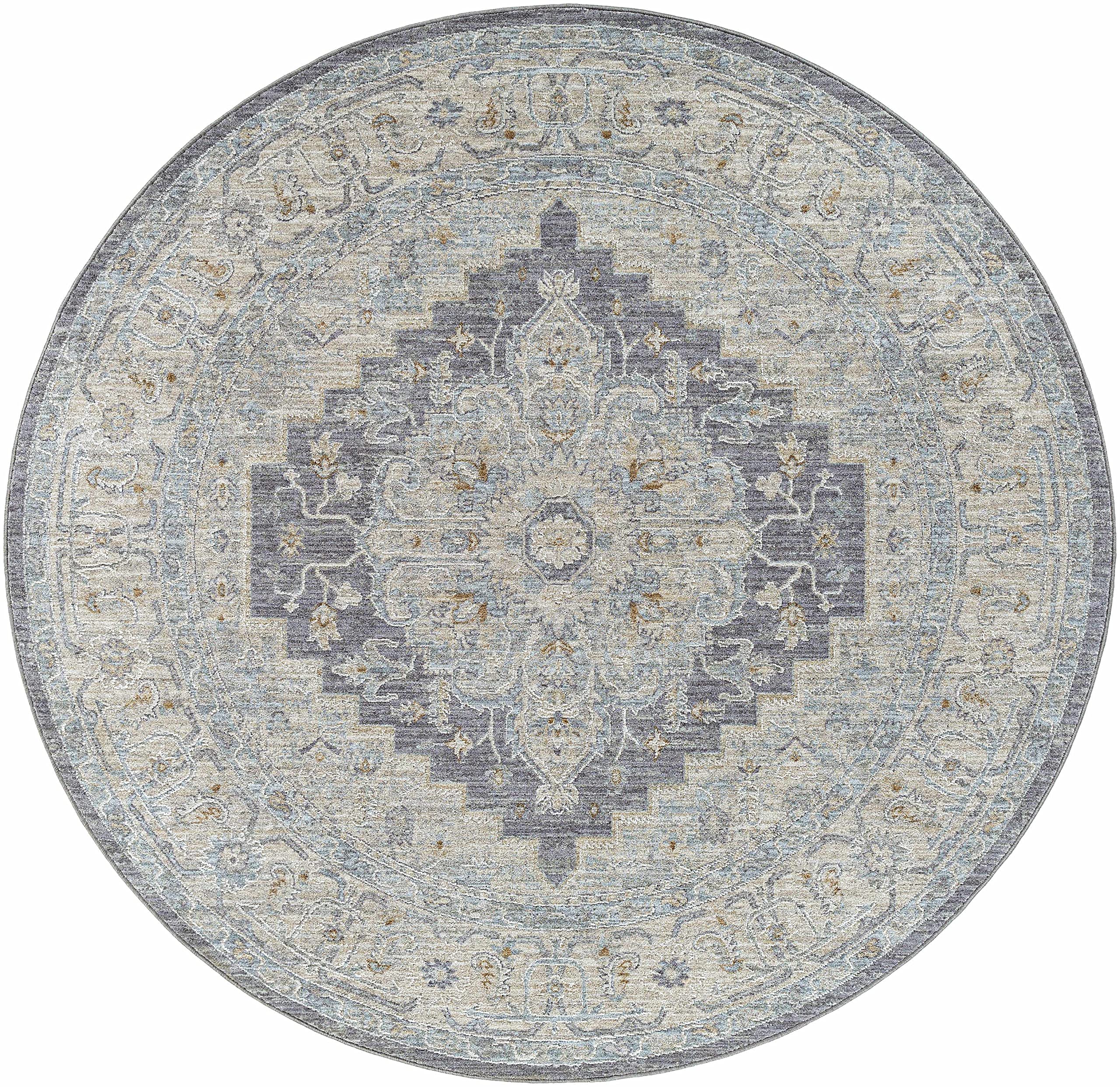 Hauteloom Larimar Living Room, Bedroom Area Rug - Traditional - Light Gray, Gray, Medium Gray - 7'10" Round
