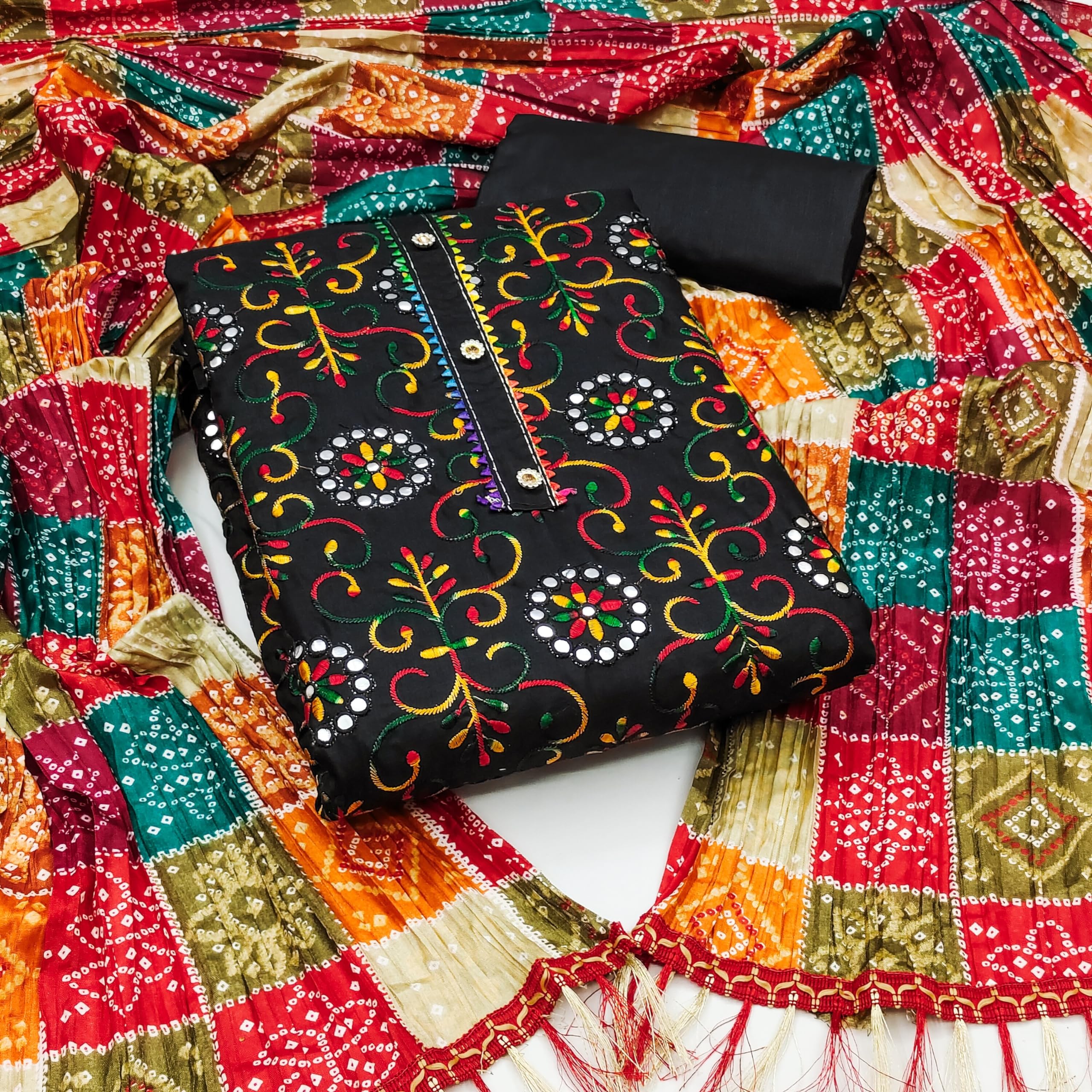 Sidhidata Women's Poly Cotton Embroidery Work Unstitched Salwar Suit Dress Material With Bandhej/Bandhani Print Dupatta (DM Goli Mirror Black_Black_Free Size) - Image 5 thumbnail