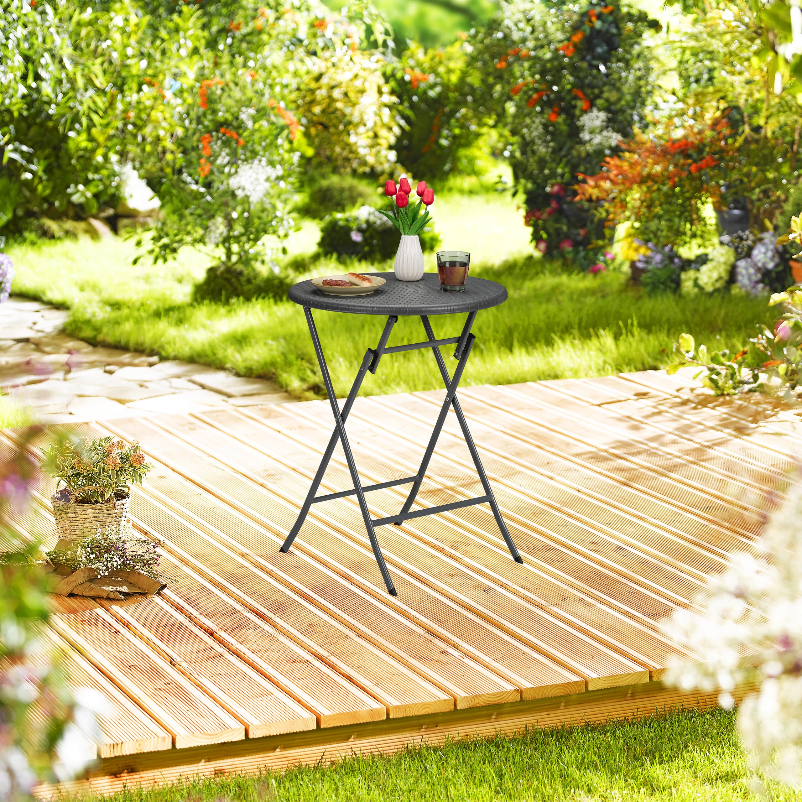 Relaxdays Mesa de Jardín Plegable, Redonda, 75 x 60 cm, Efecto Ratán, Plástico y Metal, Mesita Balcón y Exterior, Gris