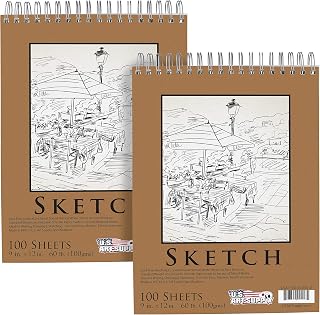 US Art Supply 9x12 Spiral Bound Sketchbook 2 Pack, 100 Sheets Each, 60lb Acid-Free Paper for Artists, Students & Kids