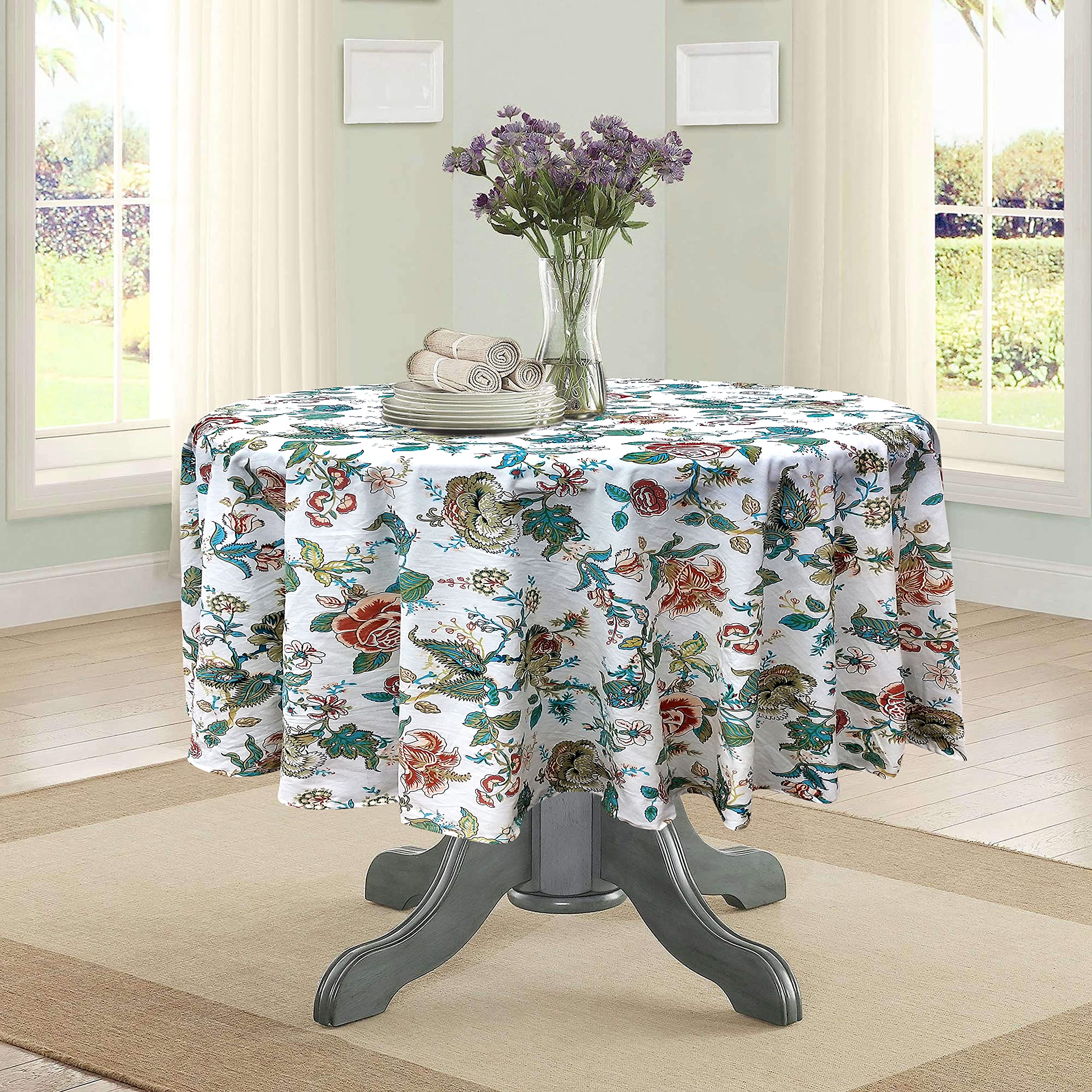 RHF 100% Cotton Round Table Cover - 90 Inch Diameter - Round Tablecloth for 6-8 Seater Dining Tables (Table Cover- 90 Inch, C Green- Brown-Multi)