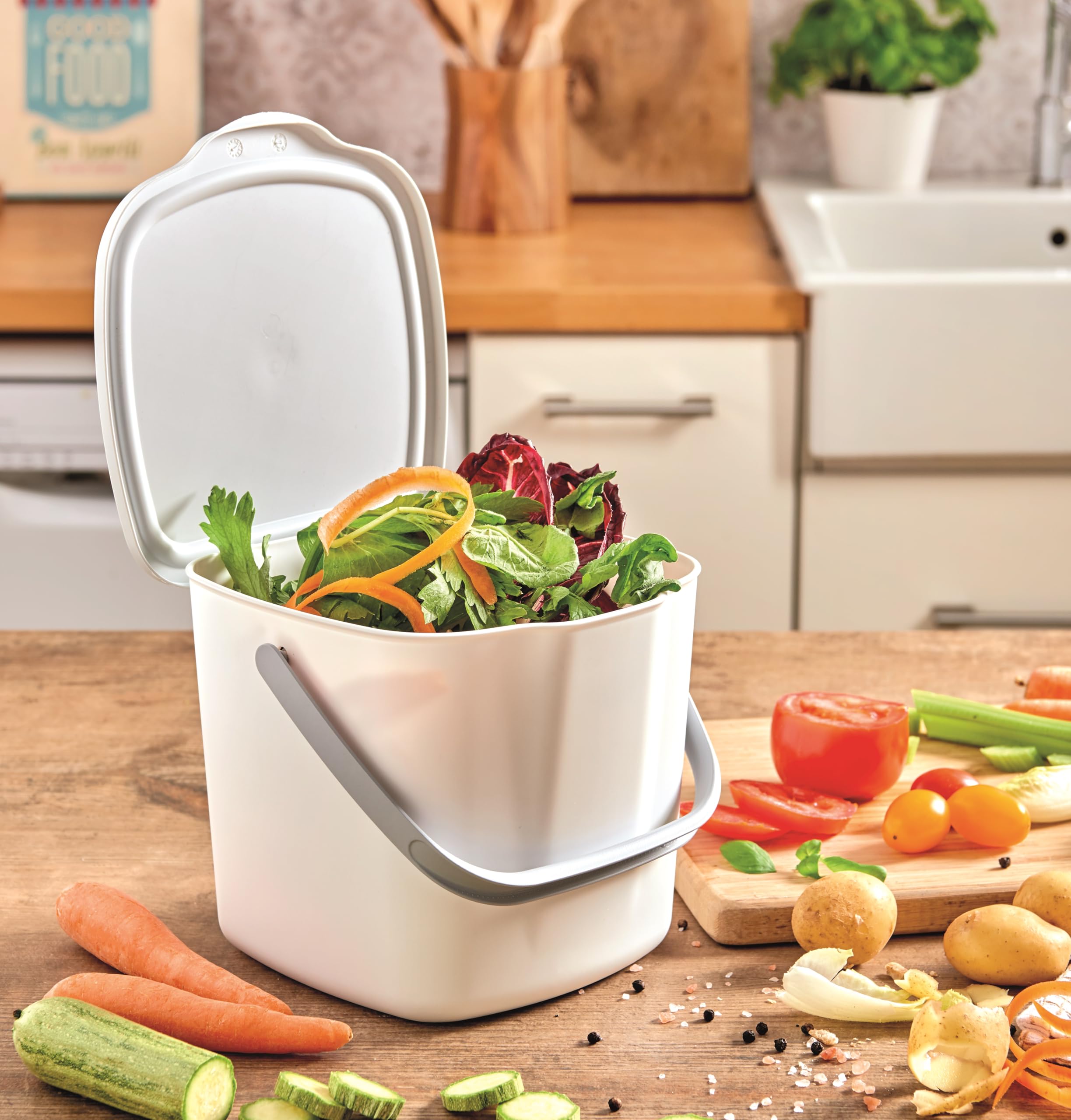 Poubelle Compost Cuisine avec Couvercle et Poignée 3L, Composteur Cuisine, 20,5 x 18,5 x 16,7 cm, Blanche Made in Italy