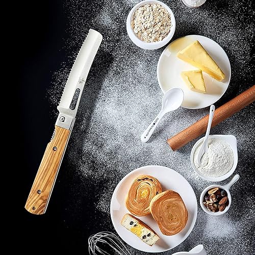 Miniatura 4 de SENBON Cuchillo de bolsillo plegable de acero inoxidable 440A con sierra para pan japonés, mango natural de oliva, para camping al aire libre,