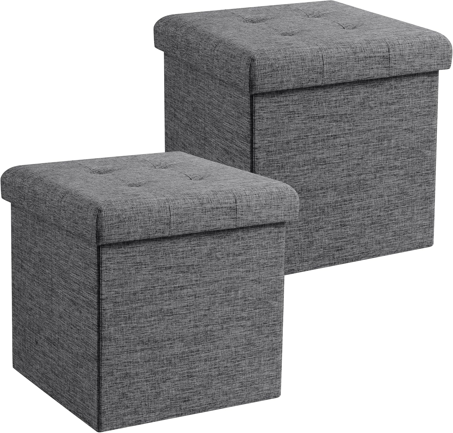 Ornavo Home 2 Pack 15 Inch Folding Storage Ottoman with Storage, Square Cube Linen Small Storage Ottoman Foot Rest Stool - Dark Gray