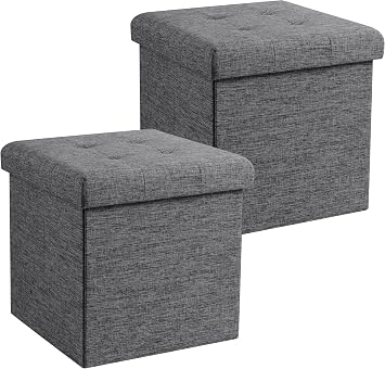 Ornavo Home 2 Pack 15 Inch Folding Storage Ottoman Cube, Linen, Dark Gray