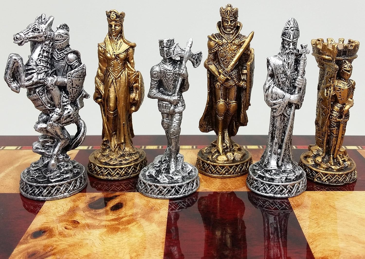Limited Discount HPL Medieval Times Crusades Knight Pewter Metal Chess Set W/ 17 Gloss Cherry Color Storage Board