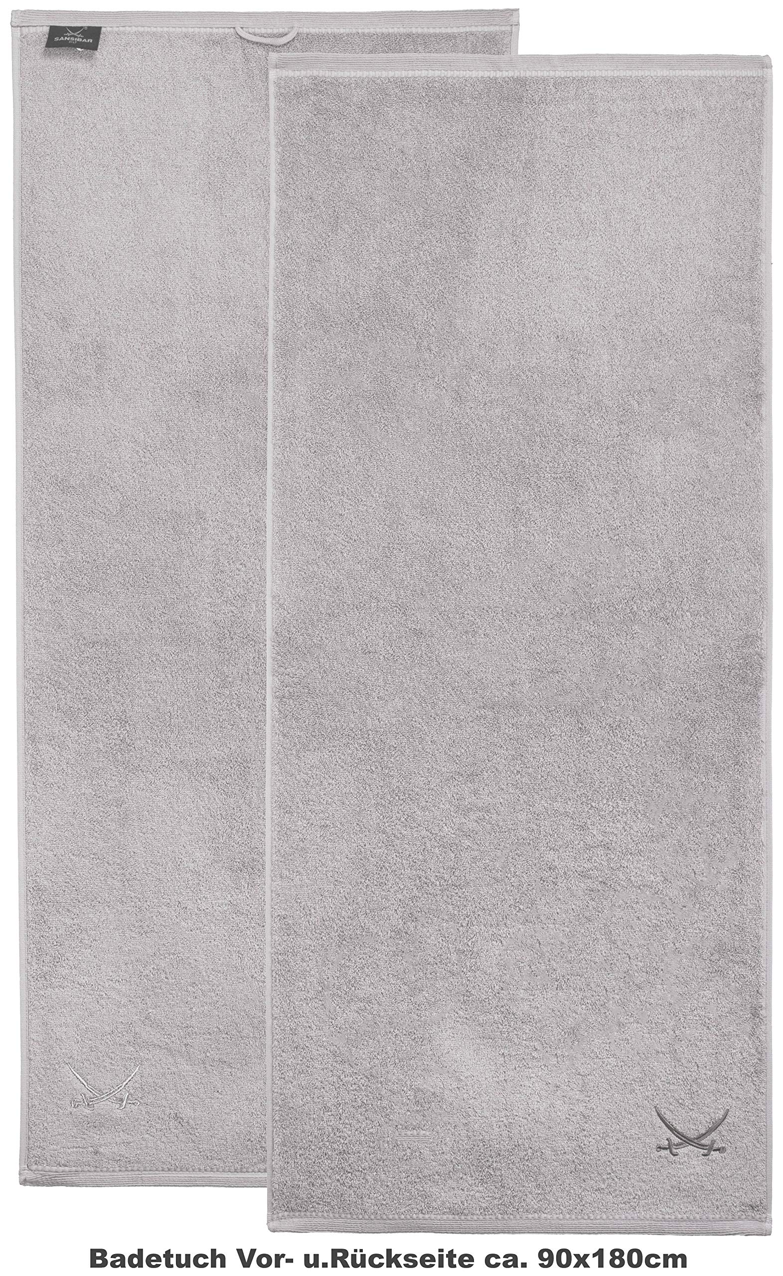 Sansibar Badetuch 90x180 cm – saugstarkes Strandtuch/Saunatuch aus Baumwolle – Oeko-TEX zertifizierter Frottee – Sylt-Design mit gesticktem Säbel-Logo – Silber