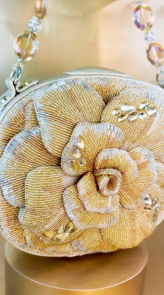 Mary Frances Golden Rose Beaded Top Handle Handbag, Gold: Handbags