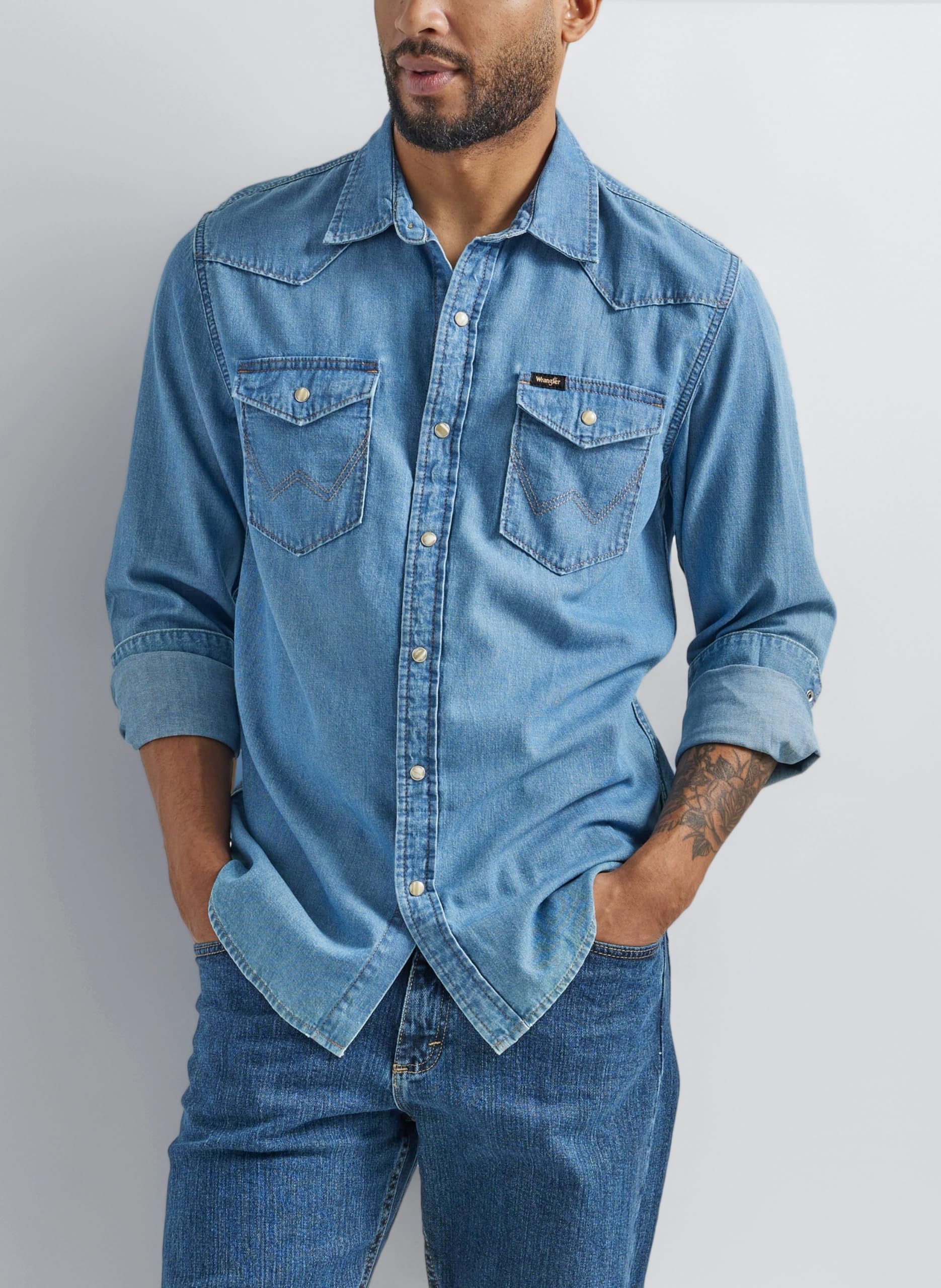 Men's Denim Light Wash Long Sleeve Snap Shirt