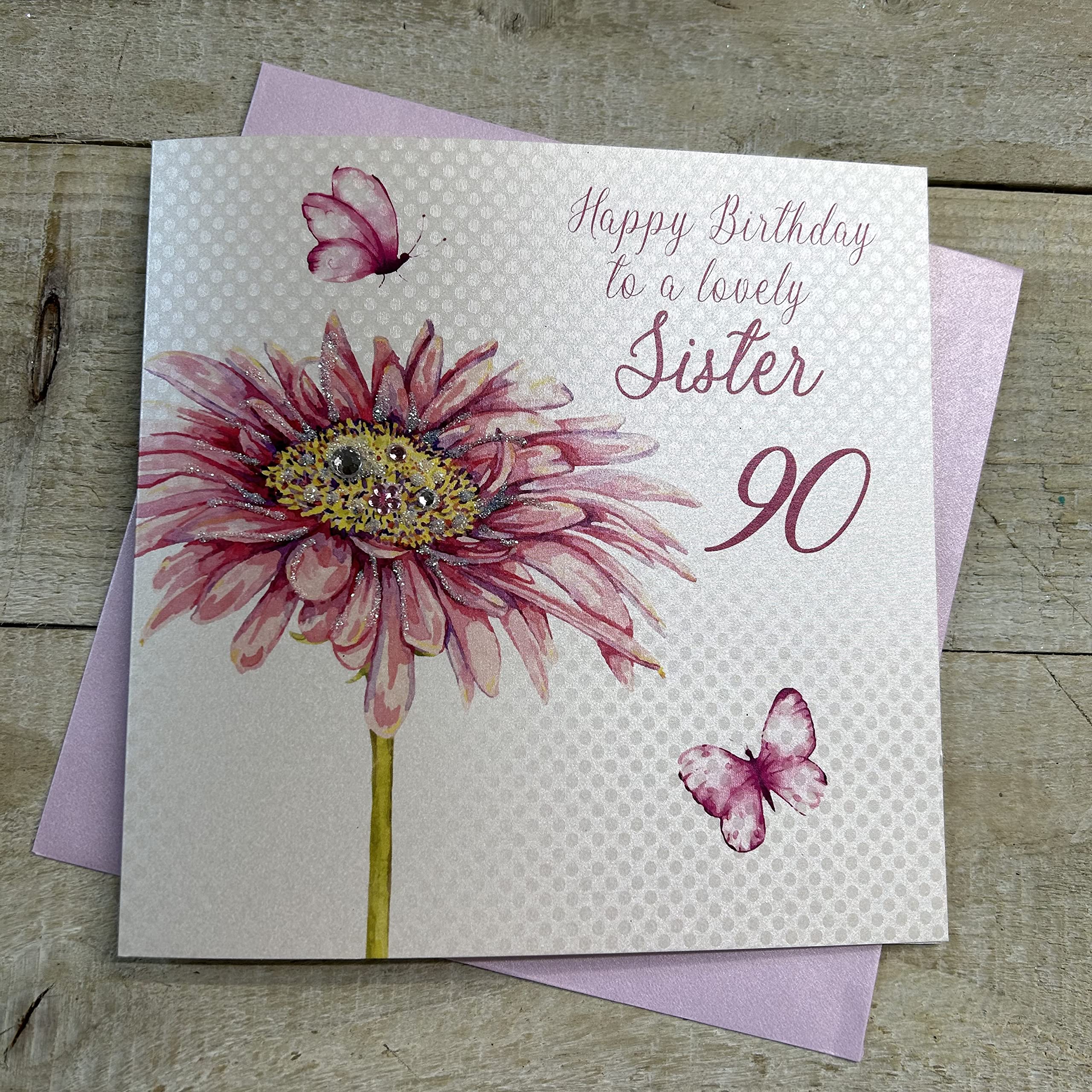 WHITE COTTON CARDS bd65-90 Dandelion, Happy Birthday to a Lovely Sister 90" Handmade 90th Birthday Card, White