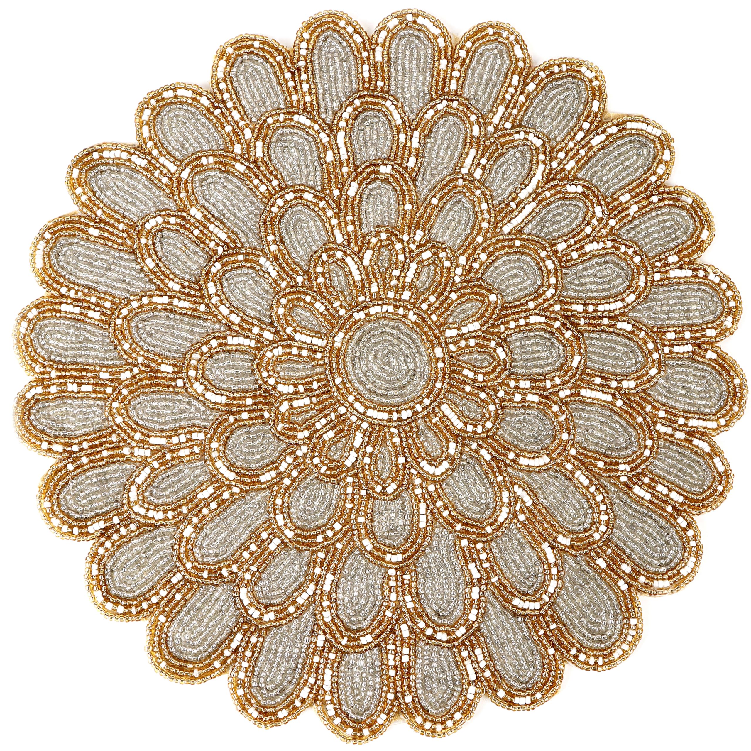 Ivory Gold Beaded Placemats – 13” Round Charger Plates | Handmade Glass Bead & Polyester Table Mats for Dining & Coffee Tables | Elegant Holiday & Home Décor –ALPHA Living HOME