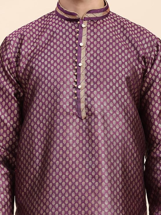 SKAVIJ Men’s Jacquard Silk Kurta Pajama Set | Festive Ethnic Wear for Men | Traditional Long Sleeve Kurta with Churidar Pajama | Perfect for Diwali, Wedding & Festival Celebrations Purple_Medium