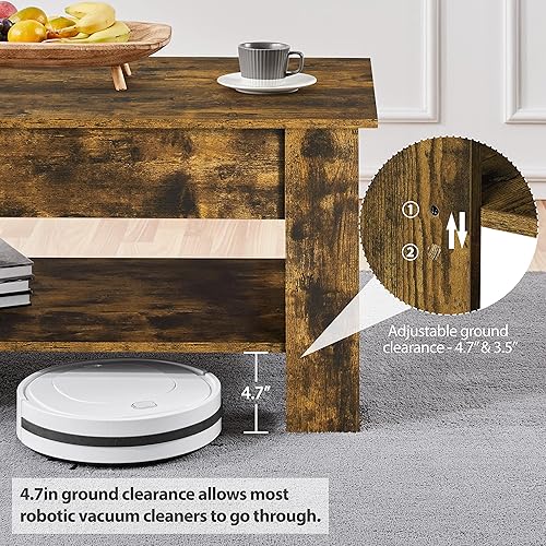 Miniatura 6 de Topeakmart Mesa auxiliar elevable con compartimento oculto y estante de almacenamiento, mesa de comedor ajustable para sala de estar, marrón Marrón