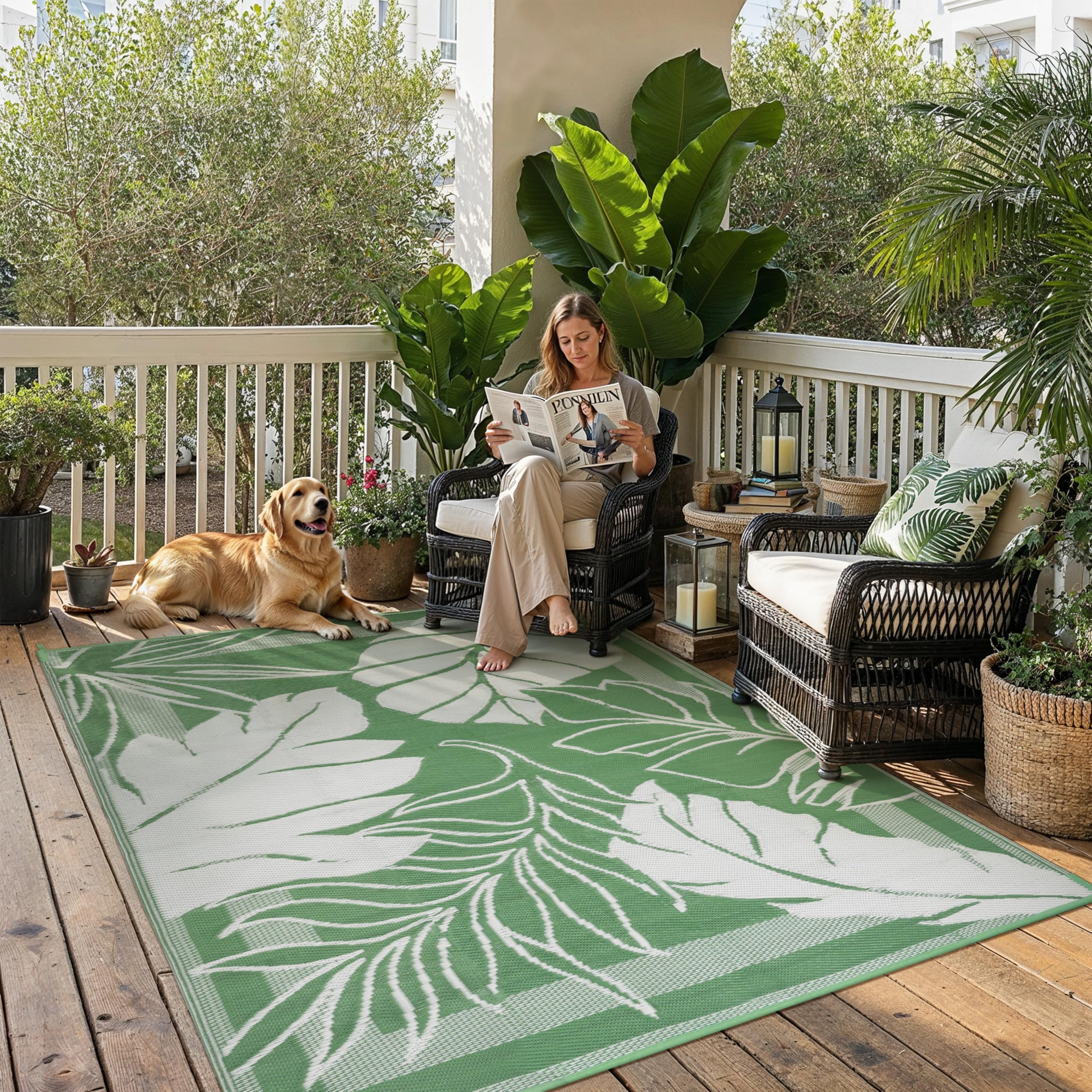 hugear 6'x9' outdoor rug waterproof plastic straw rugs green reversible olive leaf mat floor carpet for camping rv deck entryance porch picnic balcony beach backyard
