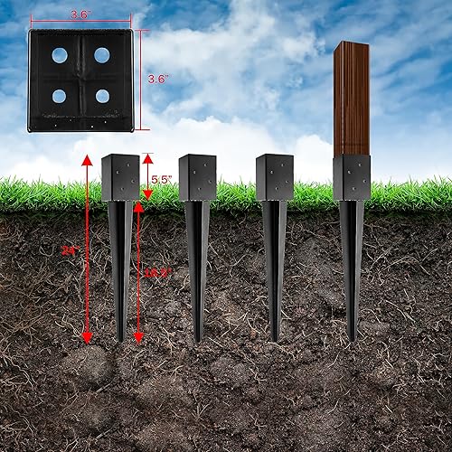 Miniatura 4 de LADECH - Juego de 8 postes de valla de 4 x 4 pulgadas de longitud con recubrimiento de polvo negro de metal de 24 pulgadas de largo, anclajes para