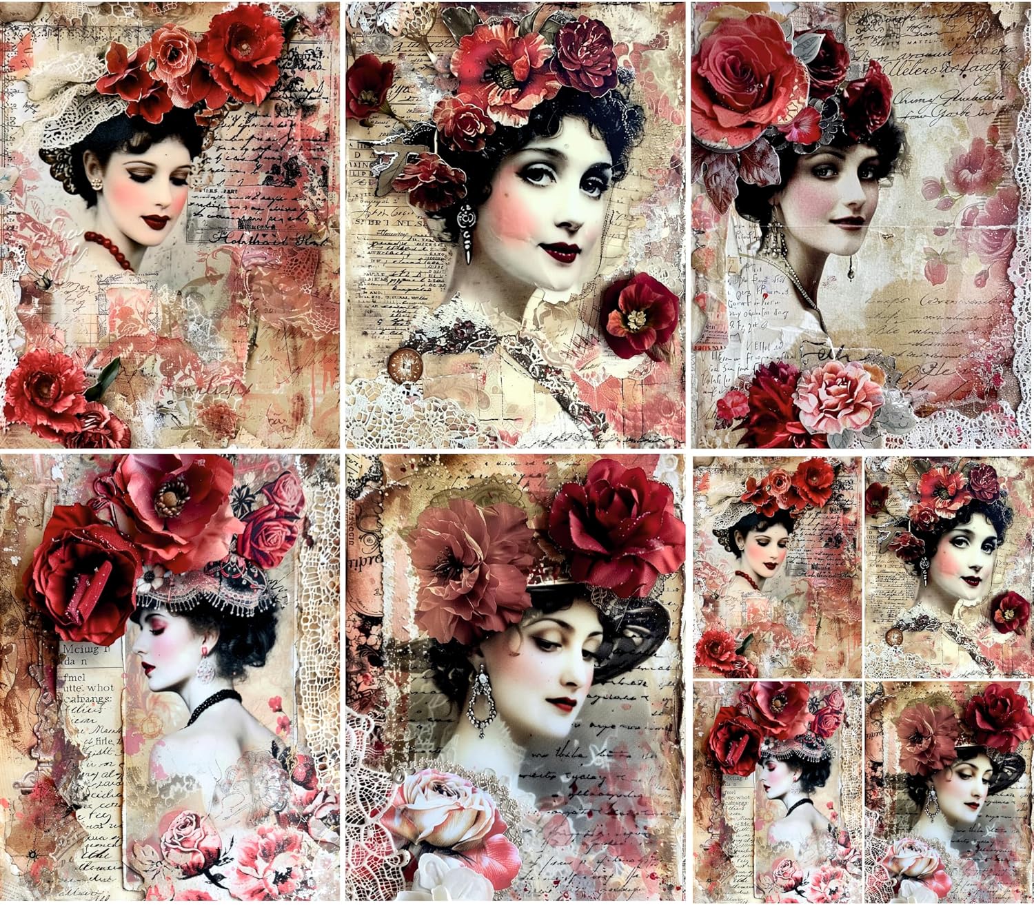 Ladies in Red Rice Papers, 8 x 10.5 inch (A4) - 6 Pieces | 6 Unique Designs | Versatile Decoupage Designs for Art Projects & Crafting by CRAFT KREATIVELY