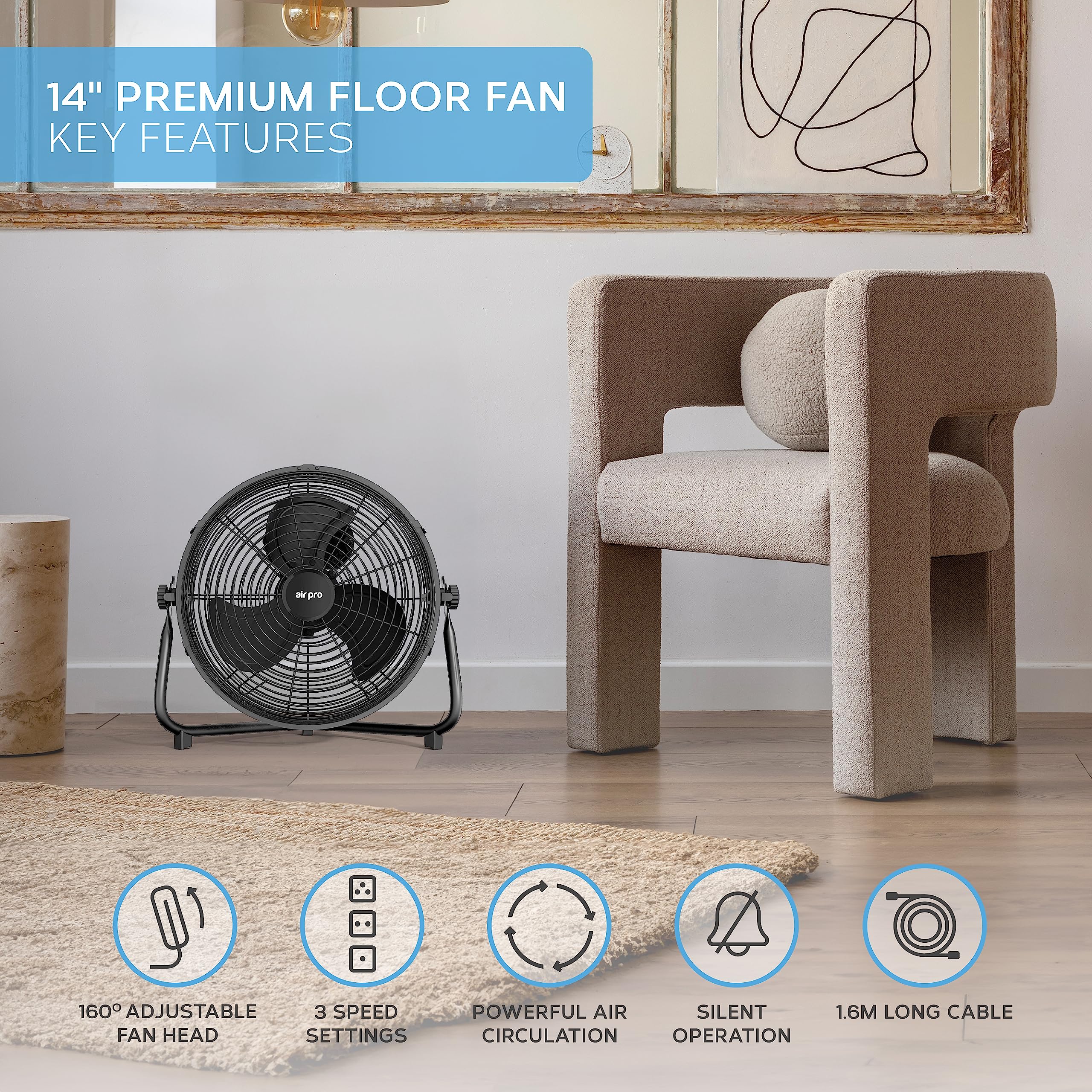 Air Pro 14" Floor Fan - Powerful Air Cooling & Circulating Fan with 3 Speed Setting & Adjustable Tilt - Indoor Home, Office, Gym Fan Quiet Portable Electric Fan with Metal Blade & Body 1.6m Long Cable