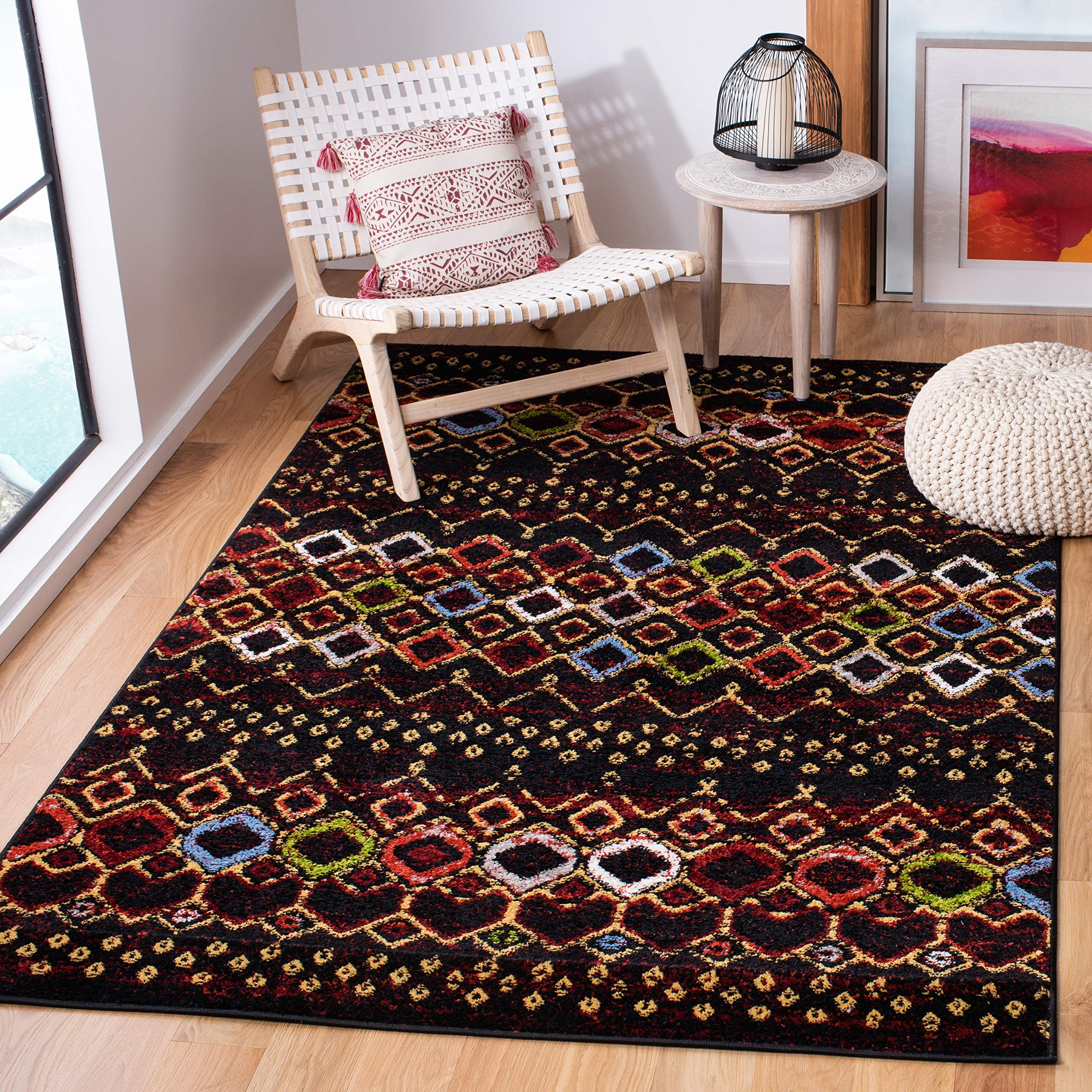 SAFAVIEH Amsterdam Collection Area Rug - 5'1" x 7'6", Black & Multi, Moroccan Boho Design, Non-Shedding & Easy Care, Ideal for High Traffic Areas in