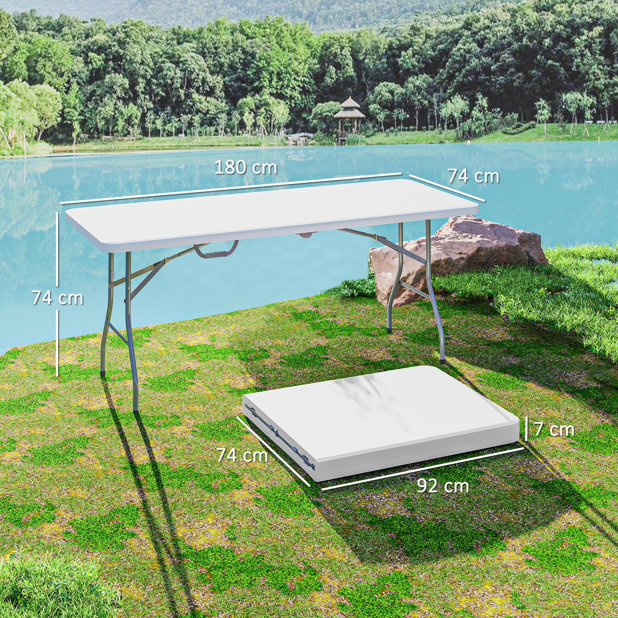 Outsunny Tavolo da Campeggio Pieghevole 180x74x74 cm Bianco, Tavolino da Esterno con Telaio in Metallo
