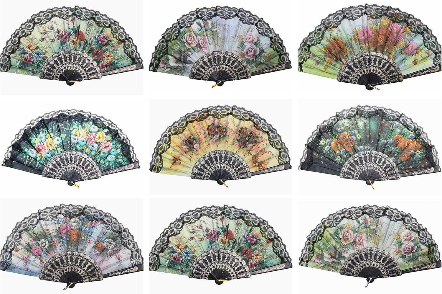 REINDEAR Multi-Pattern Decoration Fabric Flower Print Foldable Silk Lace Trim Hand Fan (12 Pcs, Black Frame)