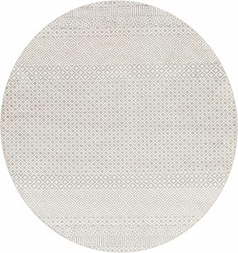 BoutiqueRugs Washable Beige Tribal 7ft Round Area Rug Transitional Light Gray Trellis Bohemian Maanas Living Room Bedroom Dining Room Home Office Apartment 67" Round Easy Clean Stain Resistant