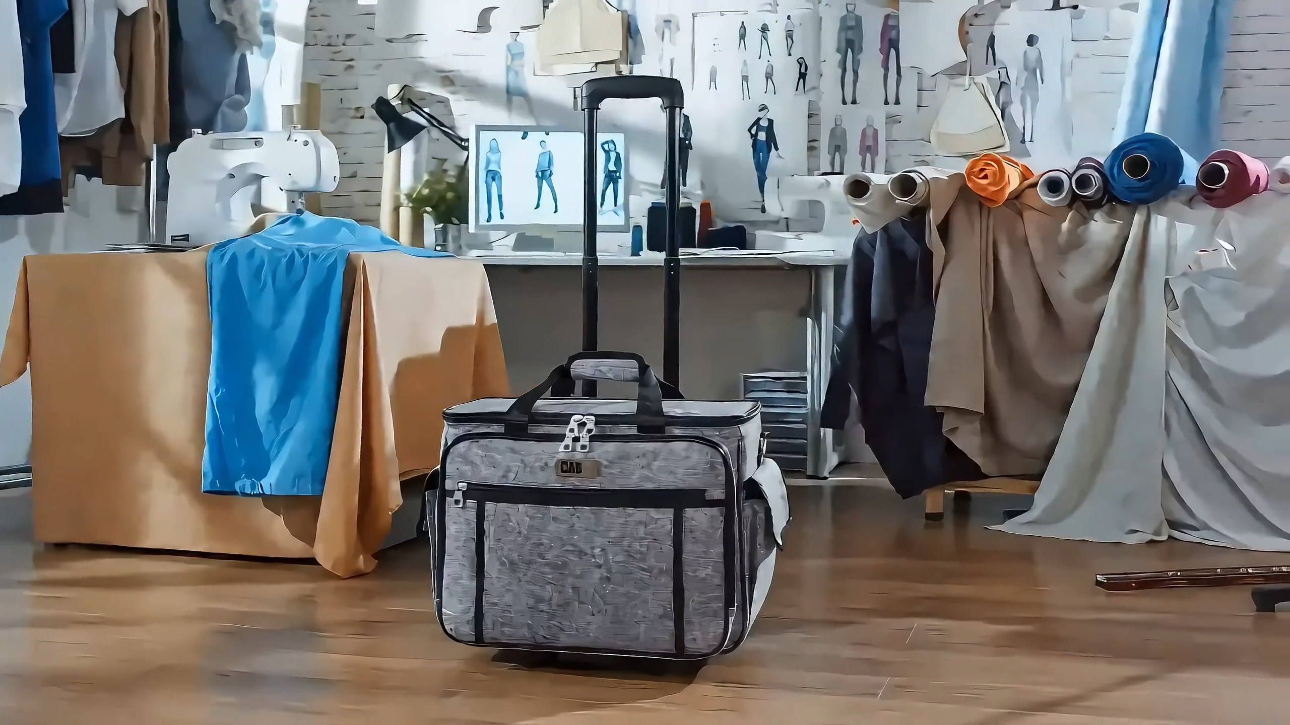 CAB55 Rolling Sewing Machine Case, Detachable Rolling Sewing Machine Carrying Case on Wheels, Trolley Tote Bag with Removable Bottom Wooden Board for Most Standard Sewing Machine and Accessories-Gray