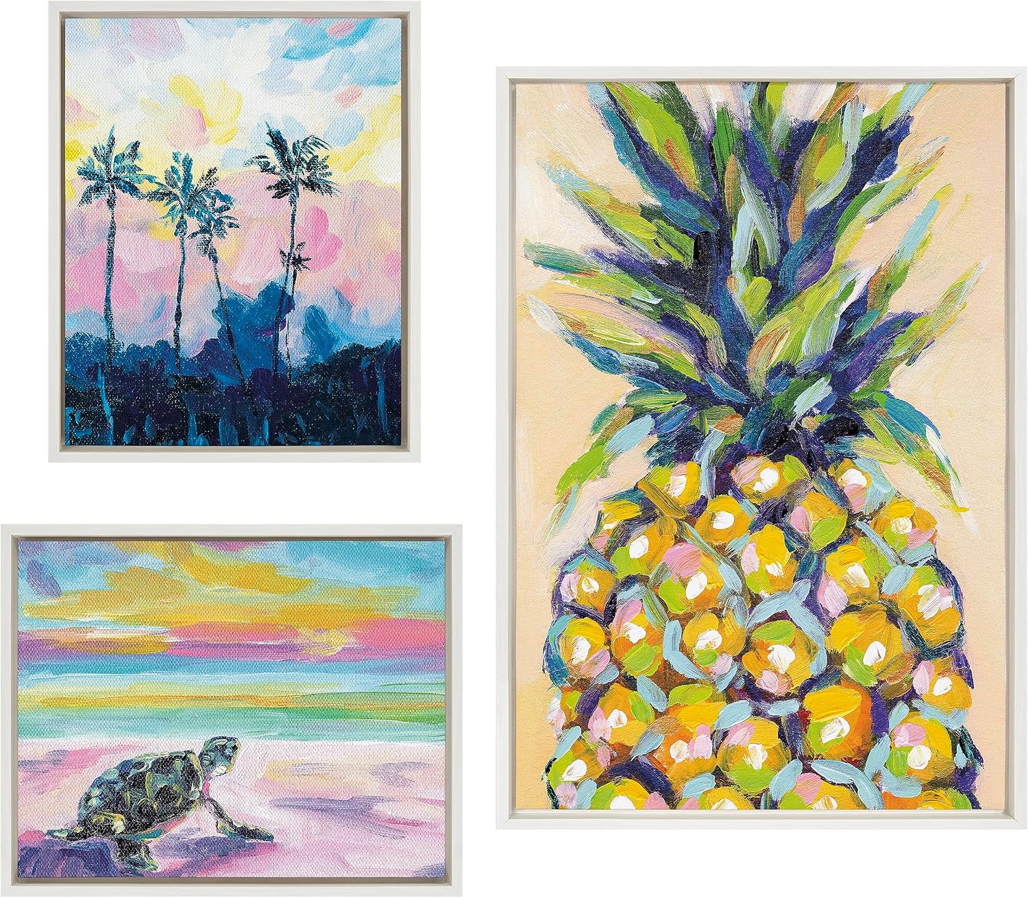 Kate and Laurel Sylvie Pineapple Study No 2, Apache Junction Sunset and Sunset Sea Turtle Framed Canvas Wall Art Set by Rachel Christopoulos, 3 Piece Set White, Colorful Tropical Beach Art for Wall