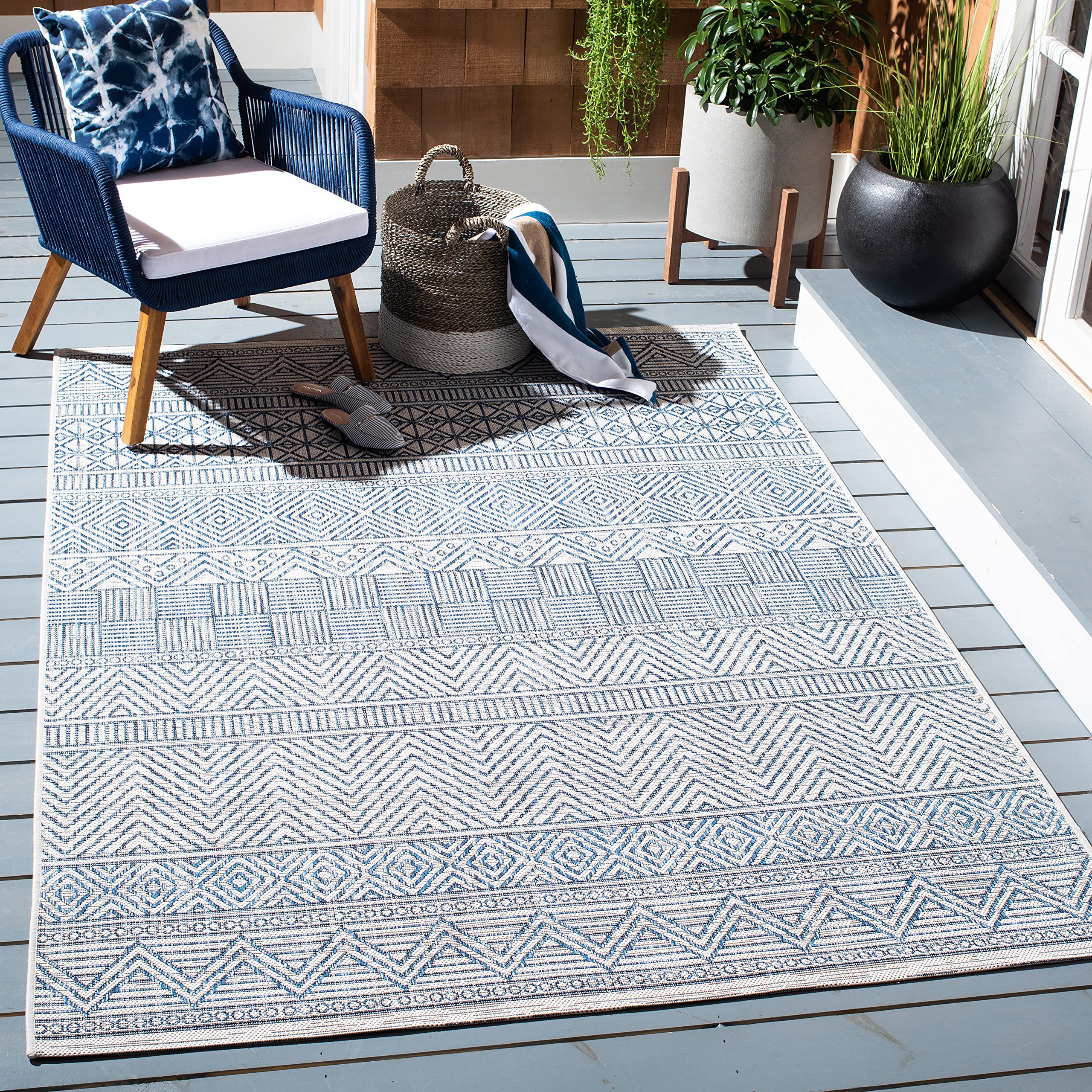 SAFAVIEH Courtyard Collection 9' x 12' Ivory/Navy CY8196 Indoor/ Outdoor Waterproof Easy Cleaning Patio Backyard Mudroom Area Rug