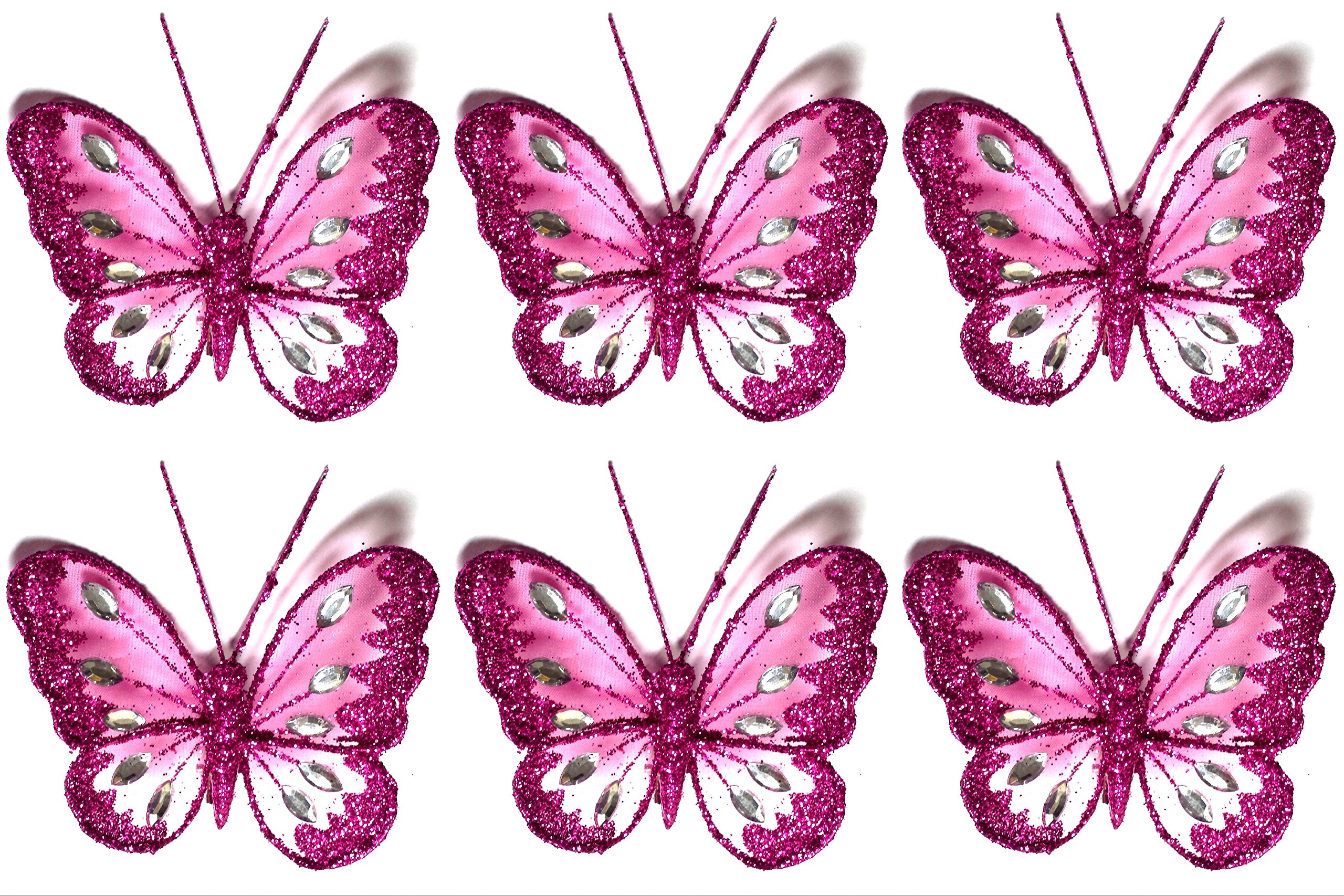 SET OF 6 Clip On Jewelled Glitter Mesh Decorative Butterflies 8cm (CERISE)