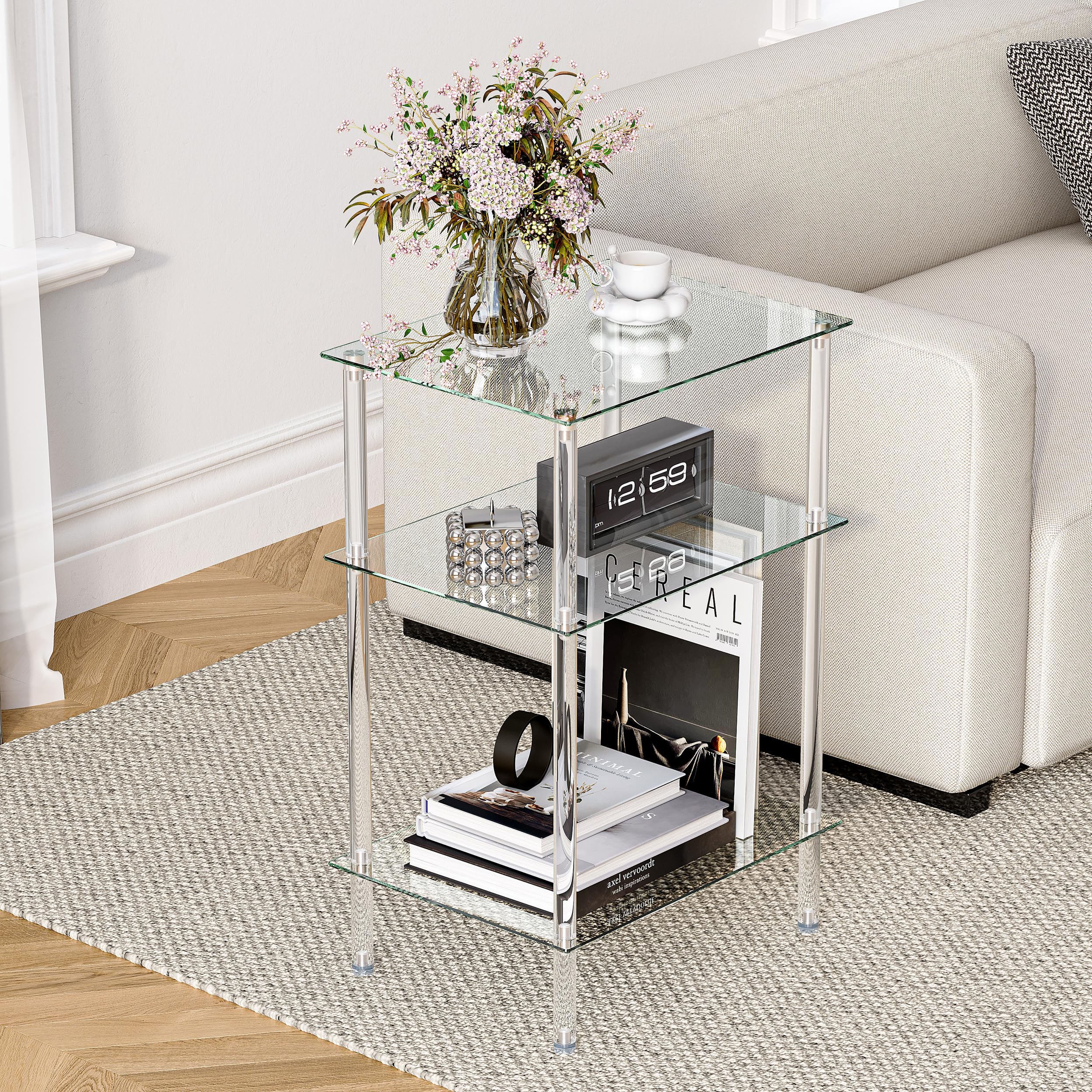 Mesa de Centro Cuadrada Mesa de Cristal Transparente con 3 Niveles Mesas Auxiliares para Salon y Dormitorio Diseño Elegante LET519TR