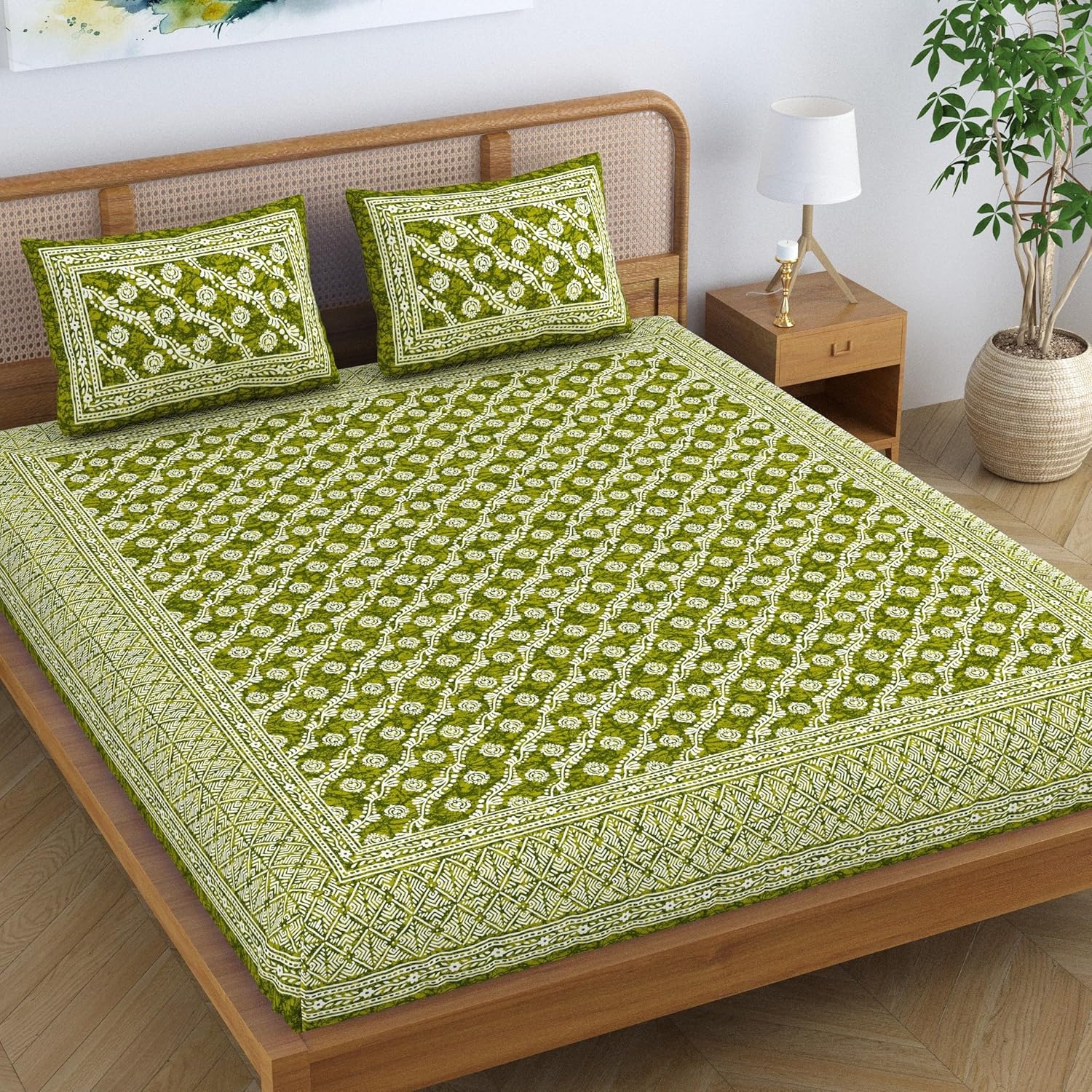 SheetKart Cotton Traditional Strips Jaipuri Printed Bedsheet for Double Bed King Size with 2 Pillow Covers – Light Green