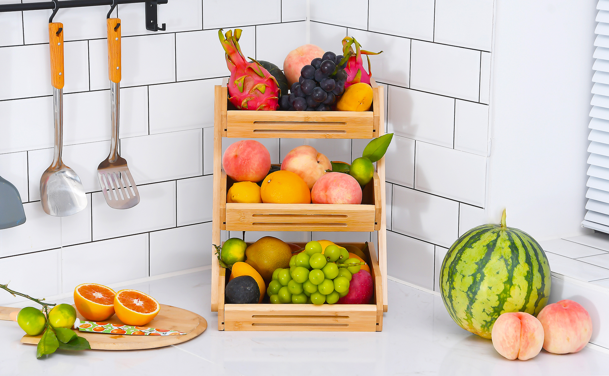 Amazon.com: VIKEYHOME 3-Tier Bamboo Fruit Basket for Kitchen - 16