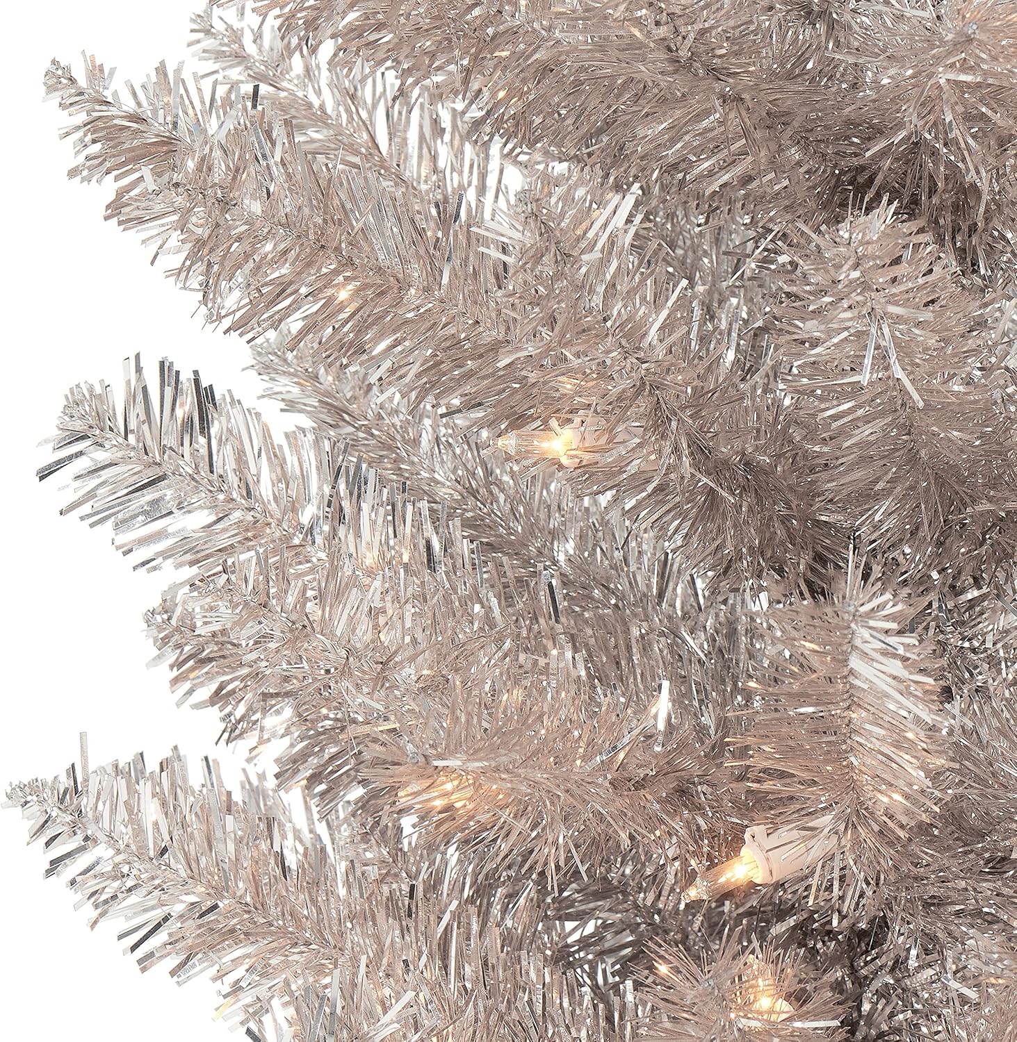 6 ft Pre-lit Rose Gold Tinsel Pencil Tree, 250 Tips, 100 UL Clear Incandescent Lights