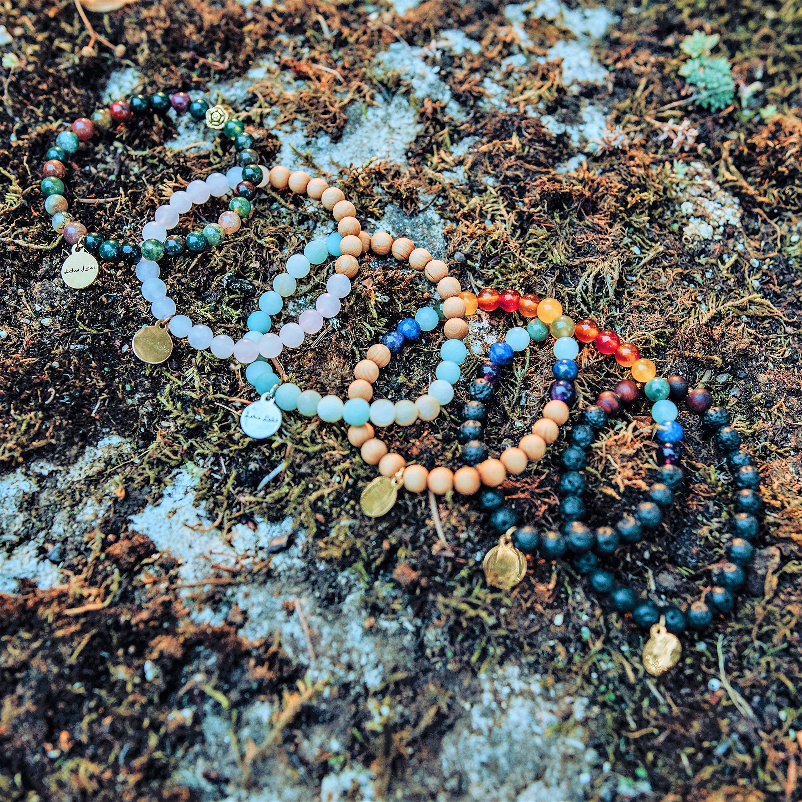 Tigereisen Edelstein Armband Edelsteinschmuck Set Holzbox Jute-Täschchen Affirmationskarten LEBENSKRAFT Naturstein & Lavastein