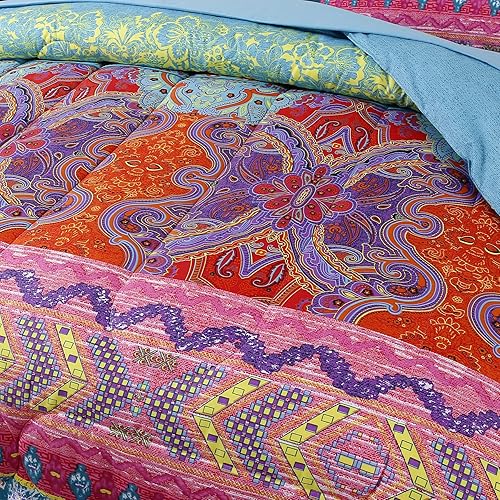 Miniatura 5 de Juego de edredón reversible de 7 piezas de estilo bohemio en una bolsa, tamaño King, colorido estilo bohemio rojo y azul, (1 edredón, 1 sábana