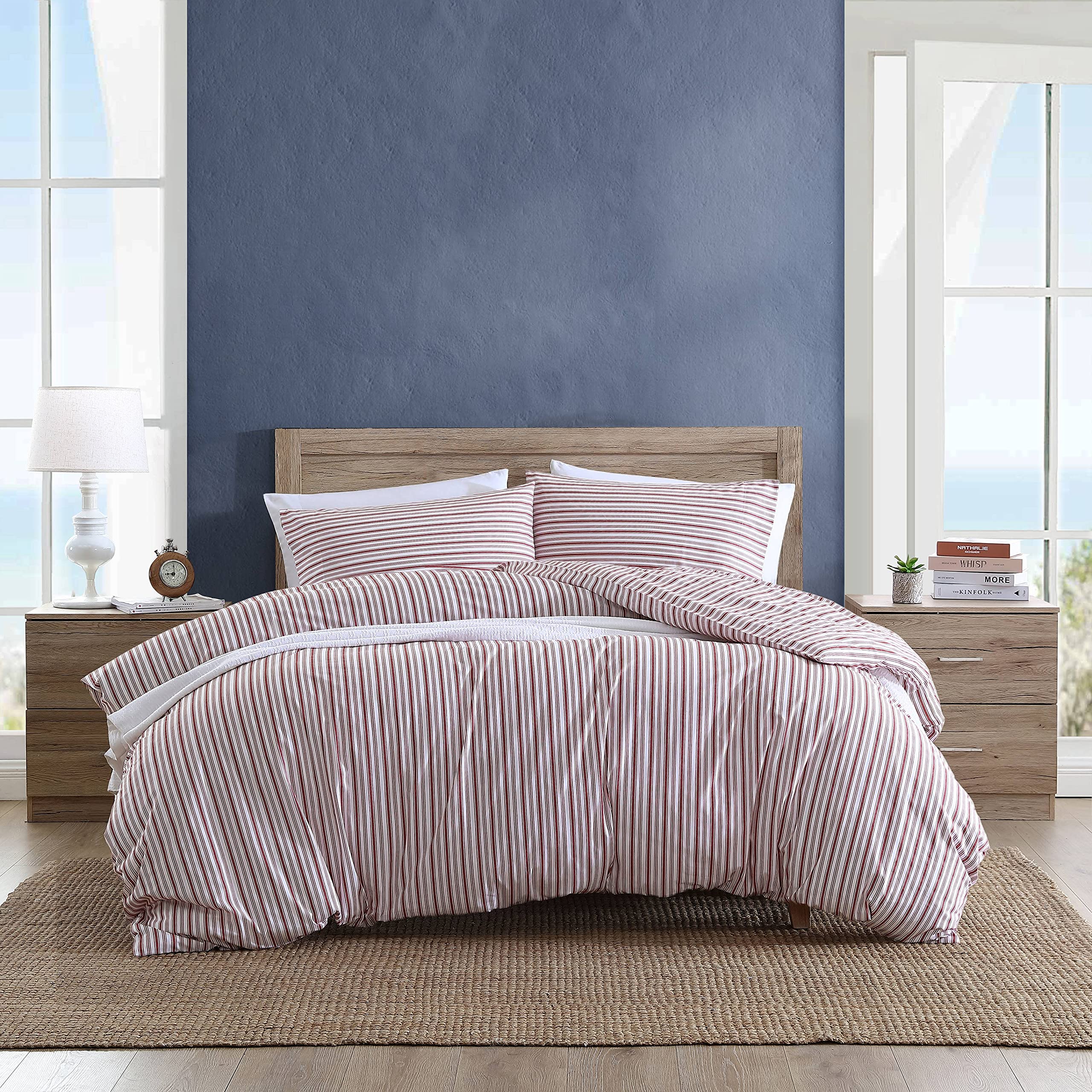 nautica- queen duvet cover cotton reversible bedding with button closure casual home dcor for all seasons coleridge stripe red queen