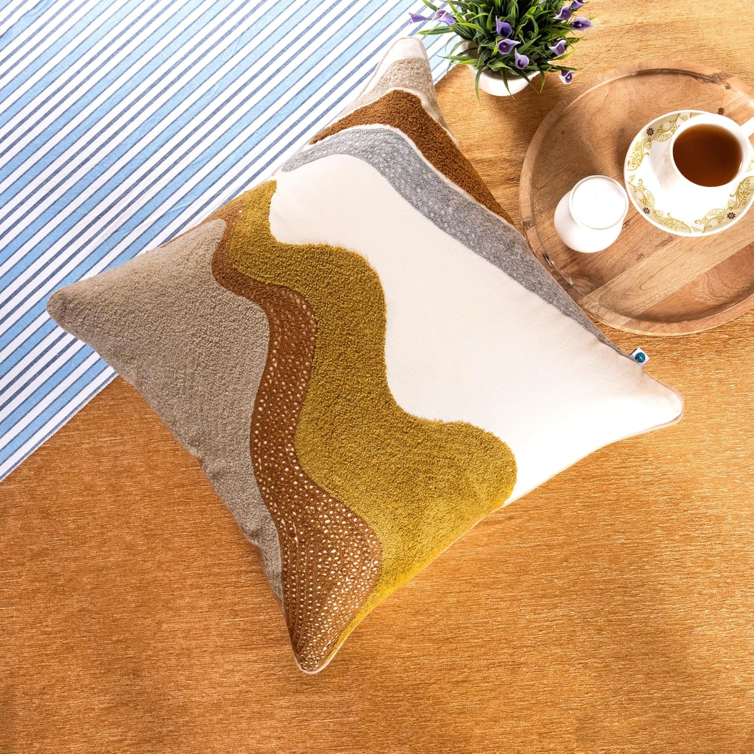 FINGERCRAFT Decorative Throw Pillow Cover Pack of 2 Soft Cotton Embroidered Cushion Cover, Bed Couch Sofa Living Room Pillow Case 18 X 18 Inch Earth Wave