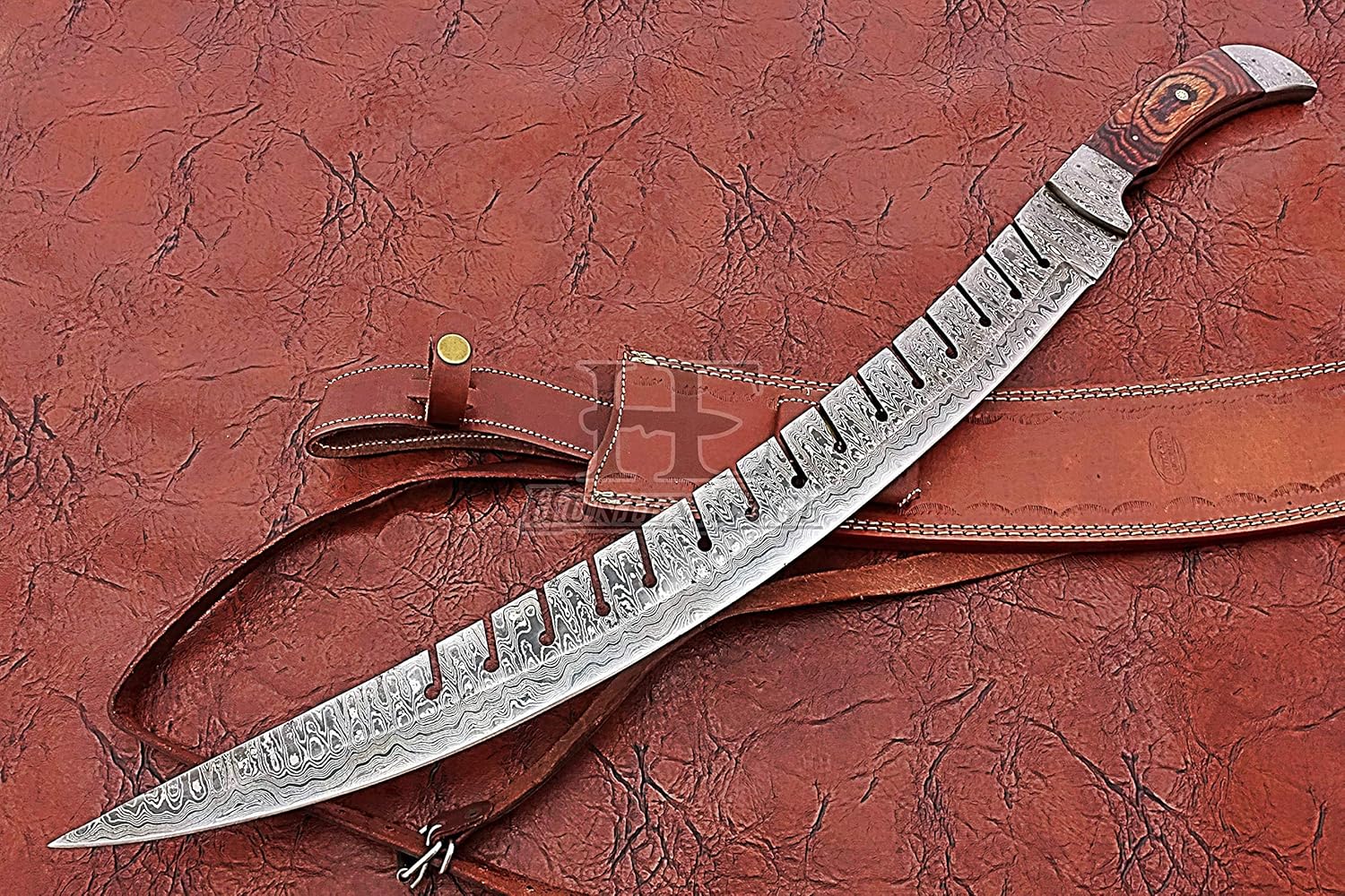 HUNTEX Custom Handmade Hand-Forged Ladder Pattern Damascus Steel 24 Inch Long Full Tang Pakka Wood Handle Razor Sharp Rambo Sword with Genuine Leather Sheath