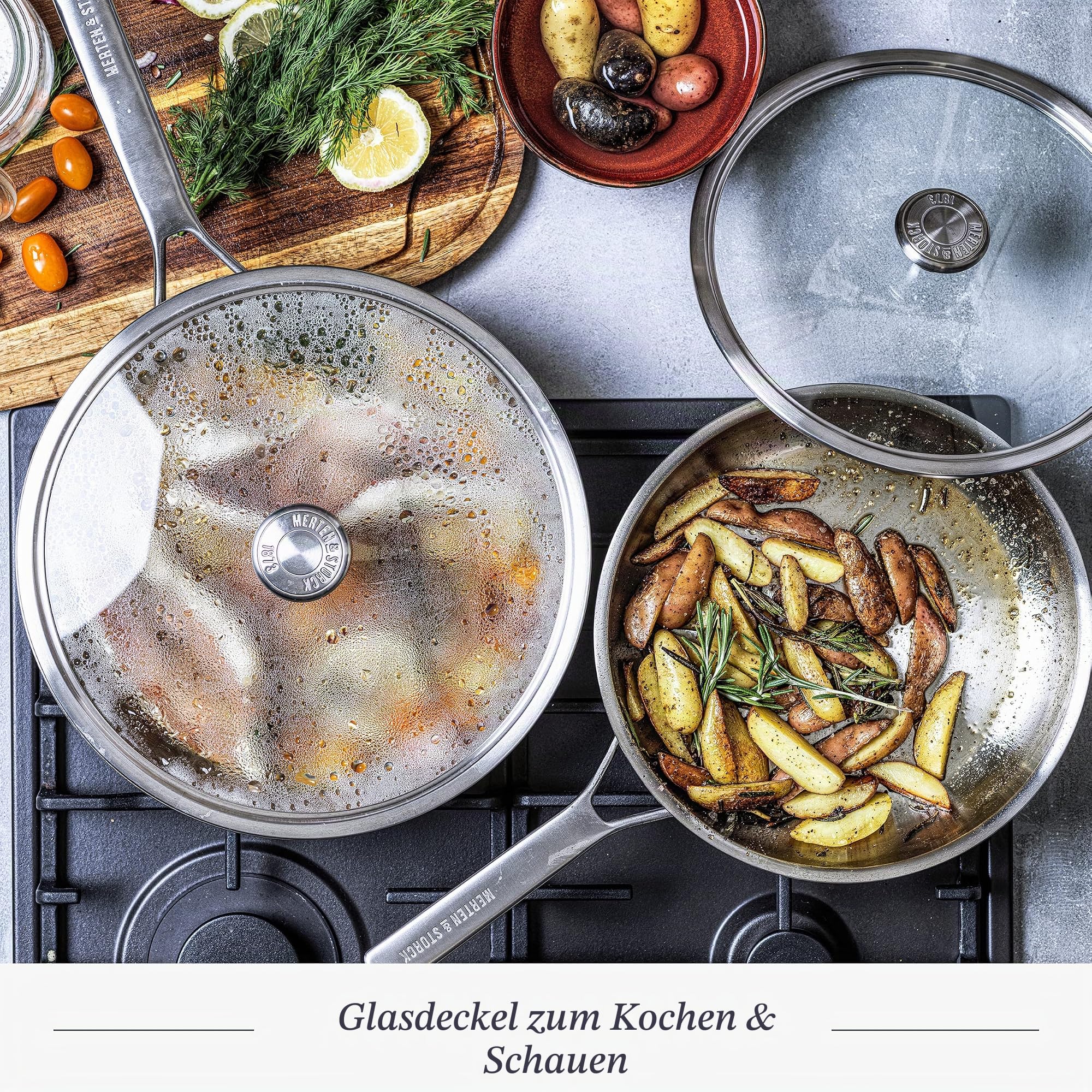 Merten & Storck Tri-Ply Edelstahl-Kochgeschirrset 8-teilig, Töpfe & Pfannen, Messskala, Tropffreier Schüttrand, Robuste Glasdeckel, Induktionsgeeignet, Backofen- & Spülmaschinenfest, Silber