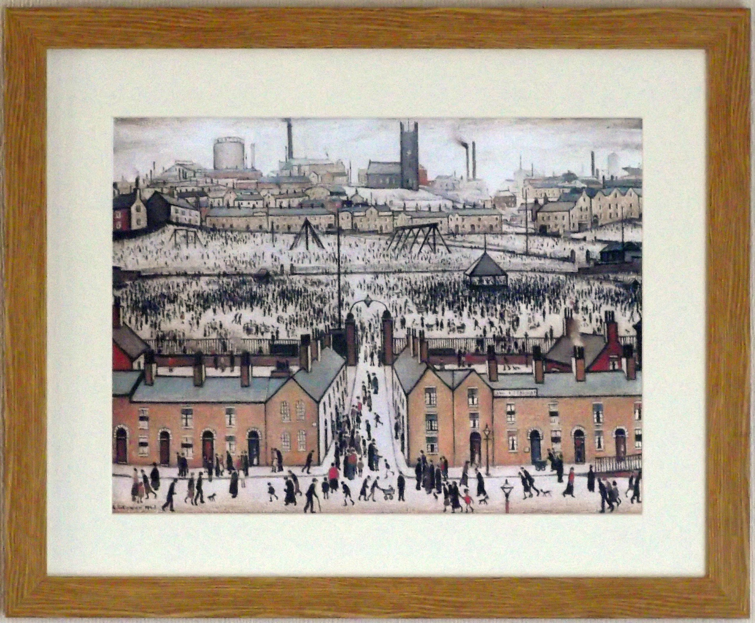 Stateoftheart-Uk Light Oak Finish With Mount And Large Image Authentic L S Lowry Print - Britain At Play, Lincoln 1943-21 X 17Inch, Light Wood Finish Frame With Mount